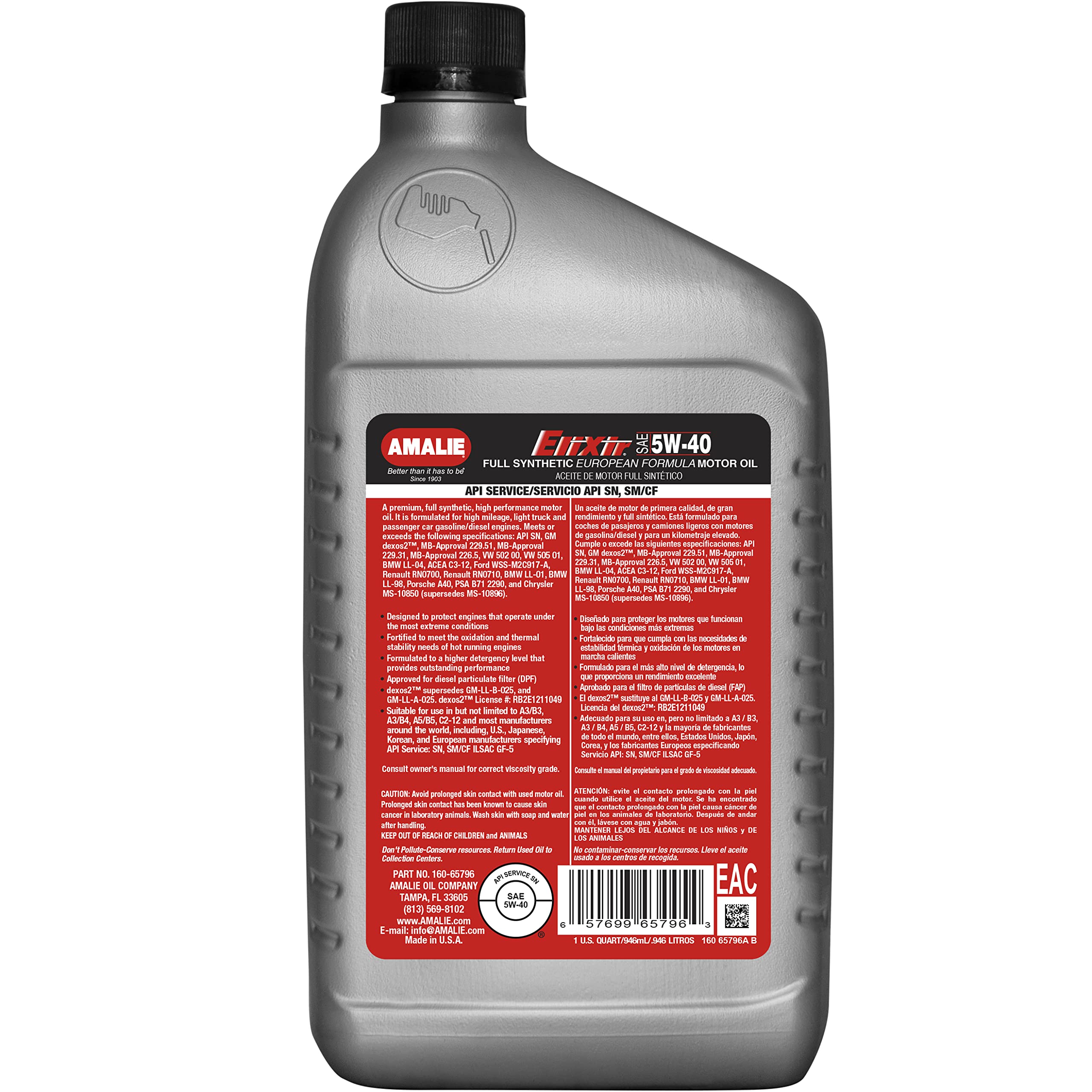 AMALIE Elixir 5W-40 dexos2 Full Synthetic European Motor Oil - 1 Quart Bottle (Pack of 12) - High Performance Engine Protection for BMW, Mercedes, Audi & VW - Ideal for Daily Driving & Extreme Weather Conditions