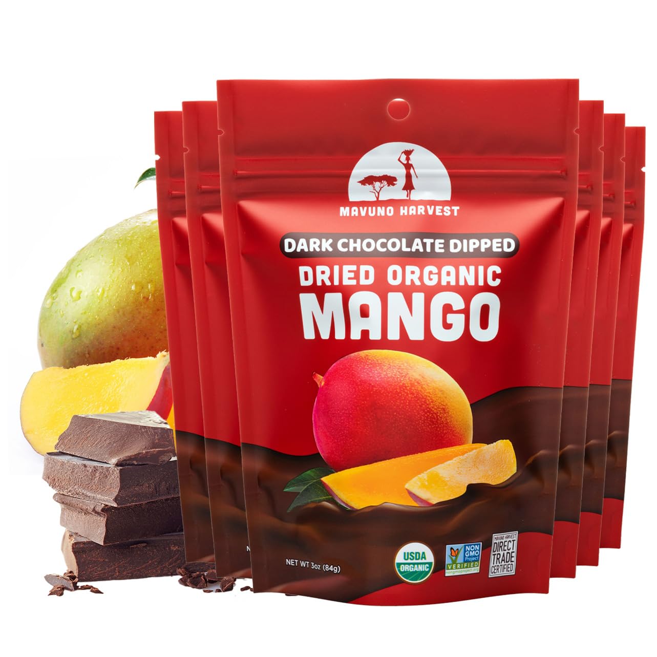 Organic Dark Chocolate Covered Mango Slices - Fair Trade, Vegan, Non-GMO, No Preservatives - Healthy Snack for Weight Loss, Office, Travel & Gifts - 6 Pack (3oz Each) | Mavuno Harvest