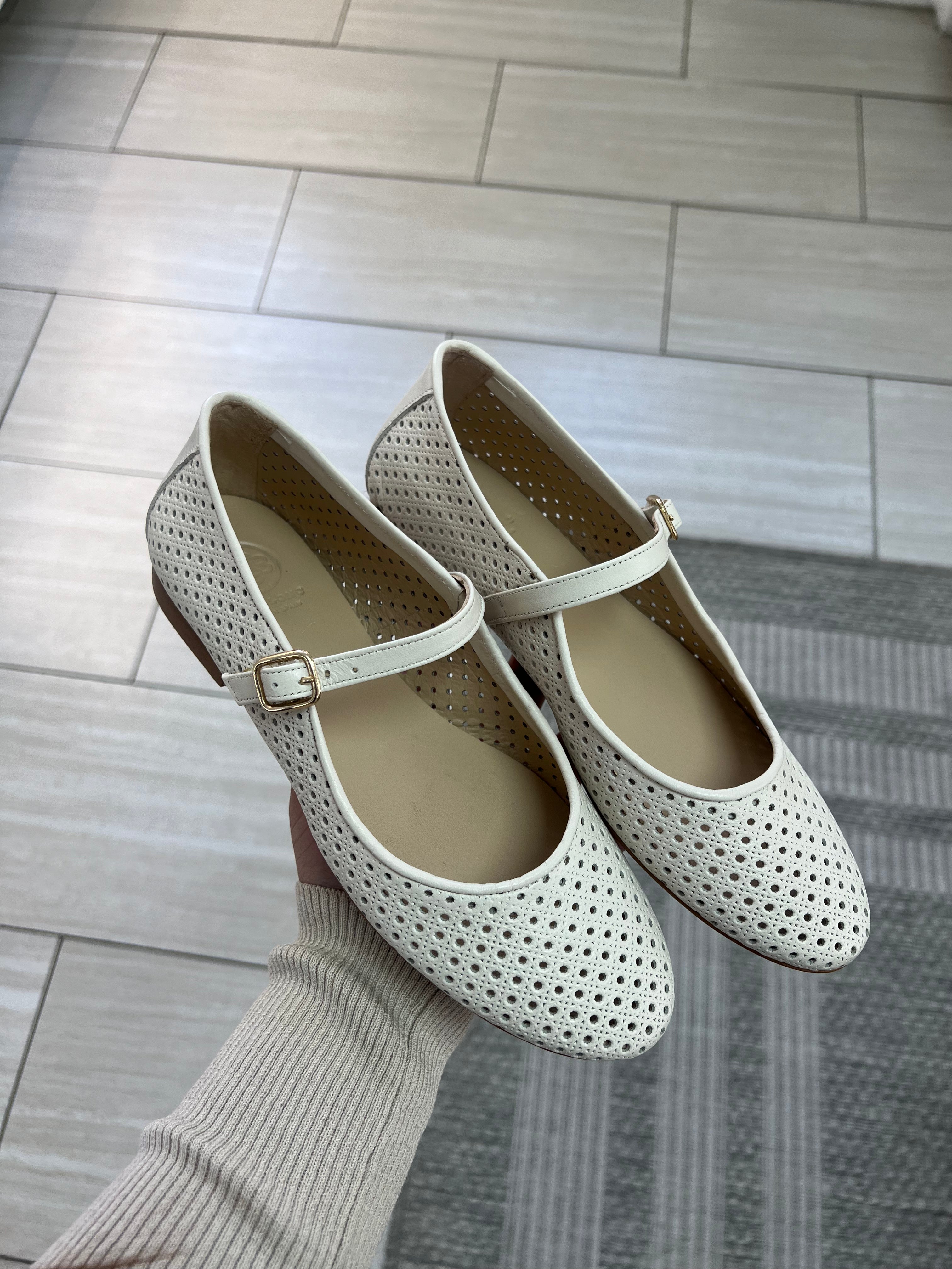 Blublonc Ivory Perforated Mary Jane Shoes - Comfortable Women's Casual Flats with Breathable Design | Perfect for Office, Dating & Everyday Wear
