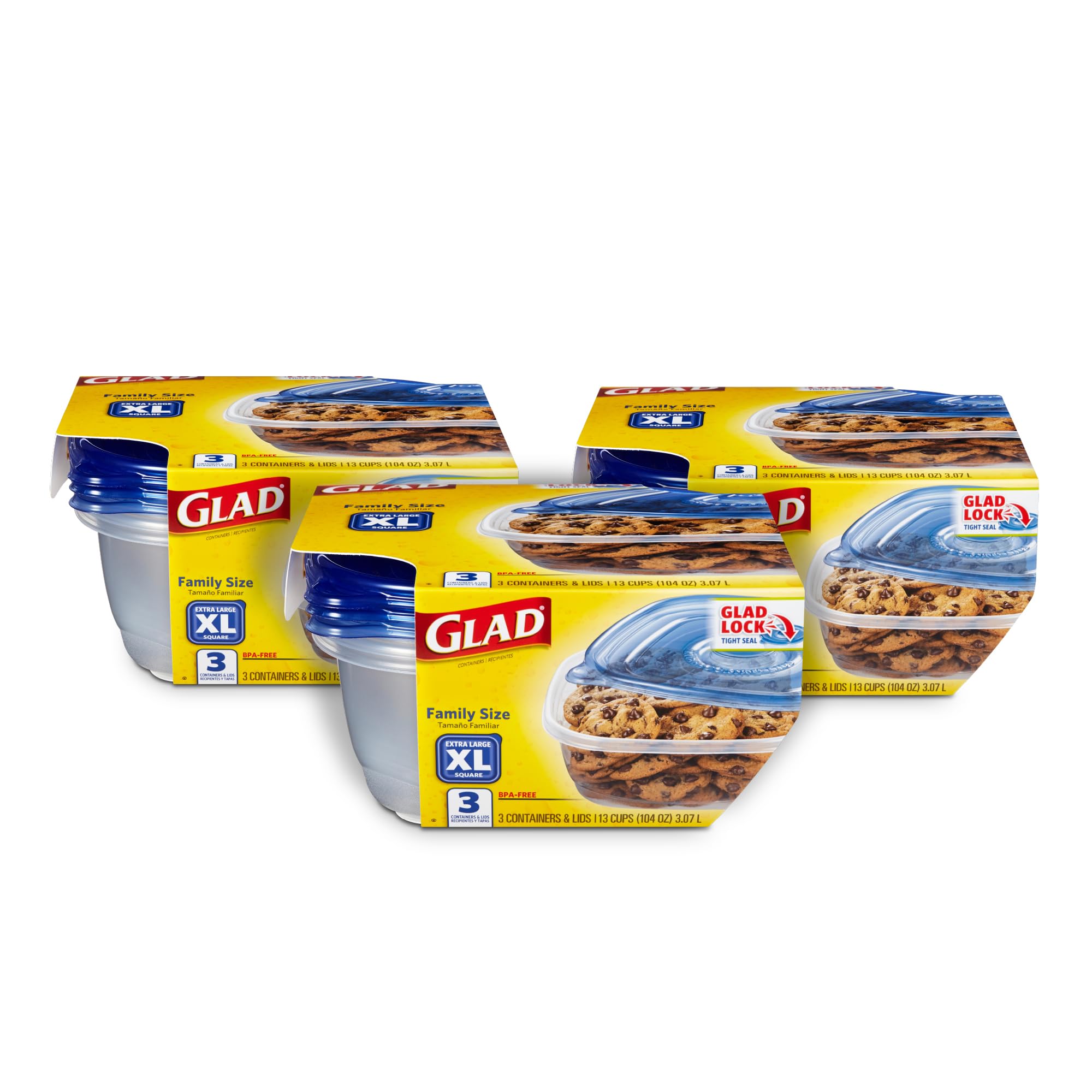 GladWare Family Size Food Storage Containers - XL Square BPA-Free Plastic Containers with Lids (3-Pack, 104 oz Capacity) | Meal Prep, Leftovers & Pantry Organization | Perfect for Home, Office & Picnics