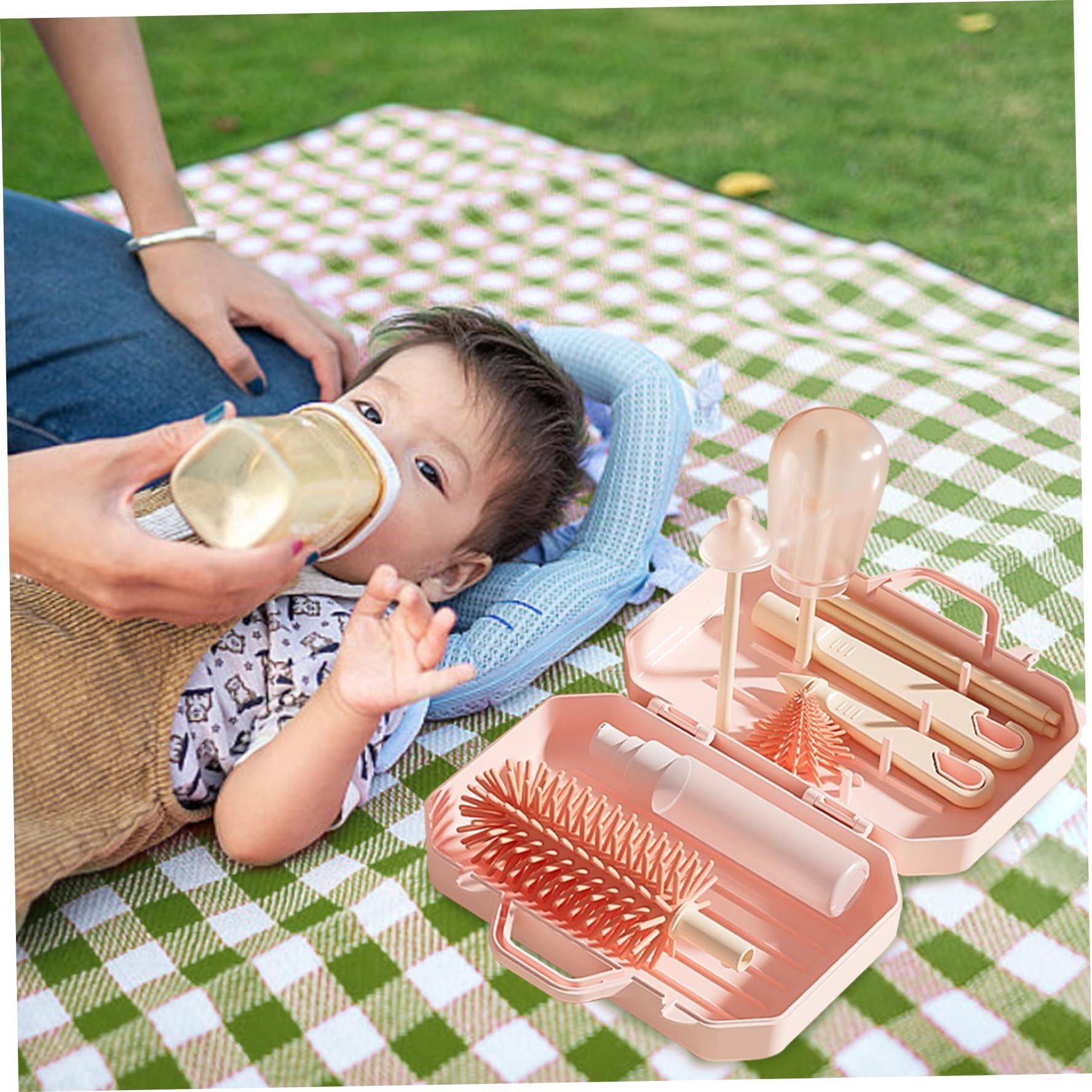 6 in 1 Travel Baby Bottle Cleaning Kit with Drying Rack - Silicone Bottle Brush, Straw Brush, Nipple Brush, Soap Dispenser & Storage Box - Portable for Travel, Camping & Daycare Use