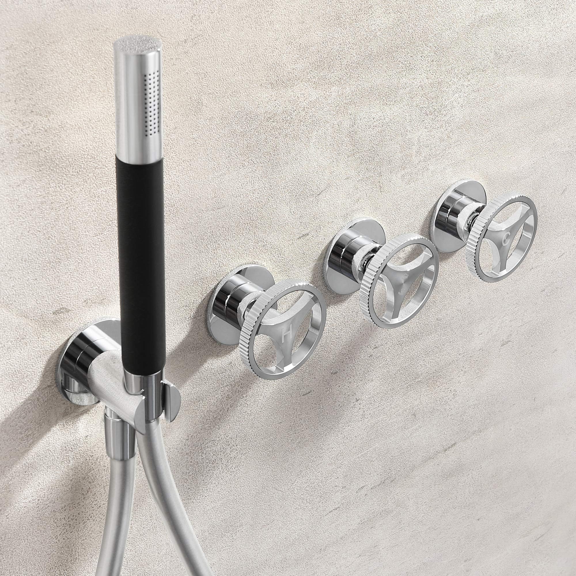 SKOWLL 8 Inch Industrial Shower Head System - Wall Mount Rain Shower Faucet Set with 3 Knobs & 2-Function Valve Kit, Polished Chrome - Perfect for Modern Bathroom & Spa-Like Shower Experience