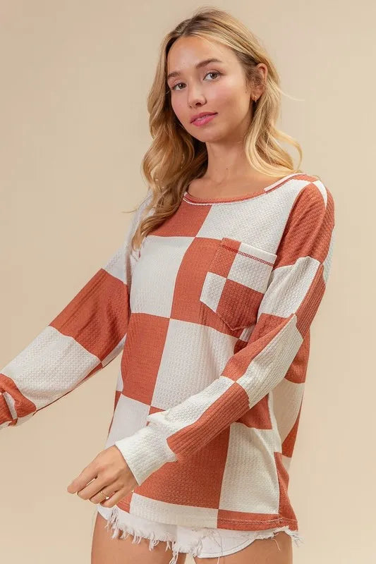 BiBi Checker Printed Hacci Top With Front Pocket - Stylish Women's Casual Knit Sweater for Fall & Winter | Perfect for Office, Date Night & Weekend Outings