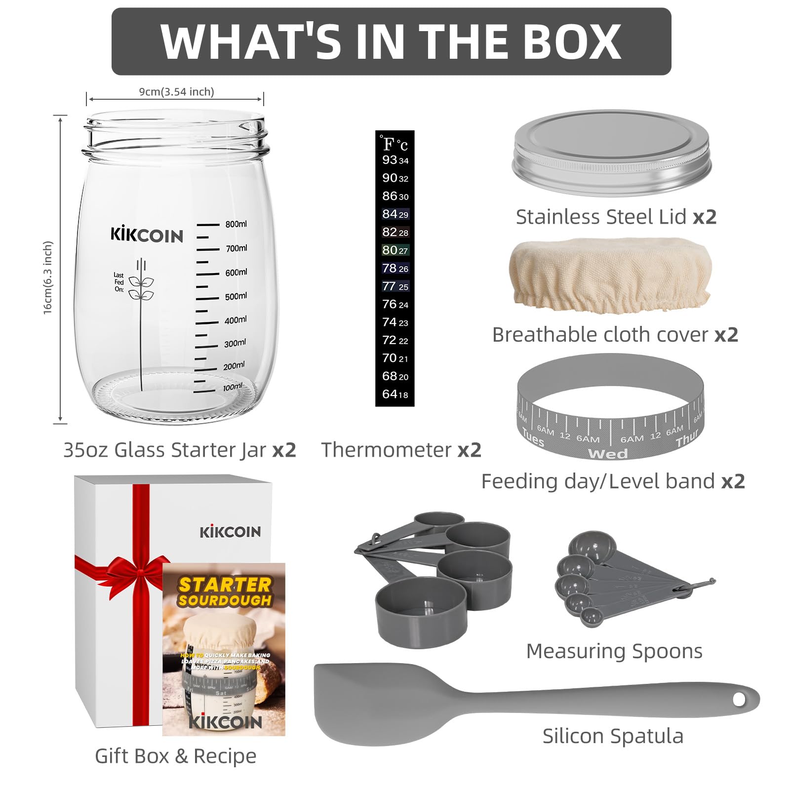 Kikcoin Sourdough Bread Starter Kit - 35oz Large Glass Jar Set of 2 with Feeding Band, Thermometer & Baking Tools for Homemade Artisan Bread | Perfect for Bakers, Beginners & Bread Making Enthusiasts | Ideal for Kitchen, Gifts & DIY Baking Projects