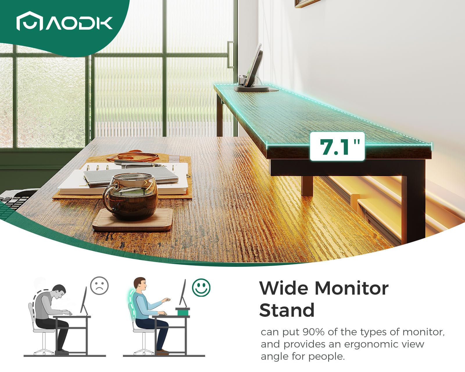 AODK 55 Inch Modern Computer Desk with Fabric File Cabinet & Drawers - Reversible Office Desk with Built-in Power Outlet & LED Lighting - Study Desk with Printer Stand, Keyboard Tray & Monitor Riser - Vintage Style Home Office Furniture for Small Spaces & Gaming Setups