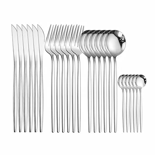 24-Piece Stainless Steel Silverware Flatware Set - Fork, Spoon, Knife Cutlery Dinnerware Set with Eco-Friendly Storage Box (Silver, 6 Sets) - Perfect for Restaurants, Weddings, and Everyday Dining