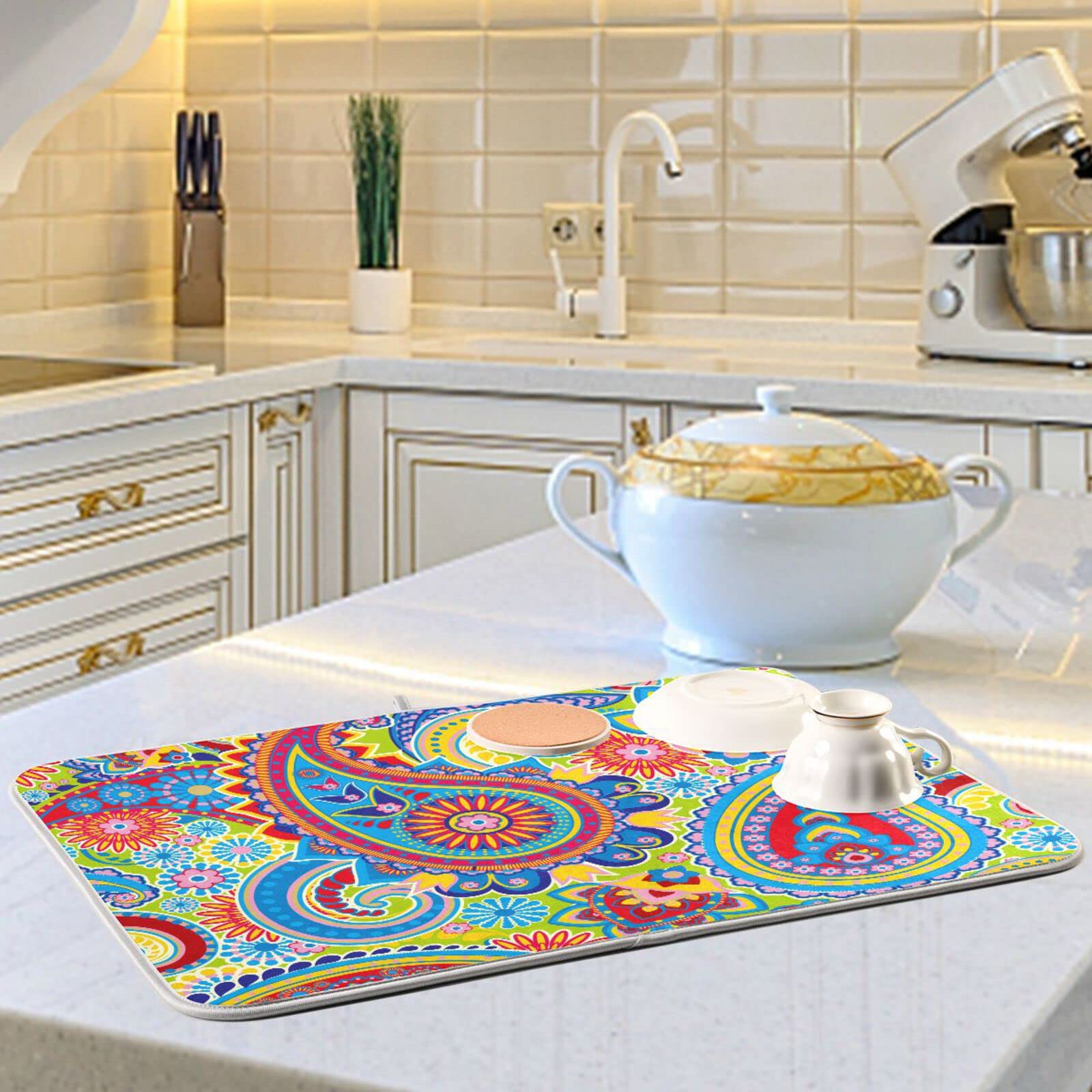 Paisley Dish Drying Mat - Microfiber Kitchen Countertop Drainer (16x18