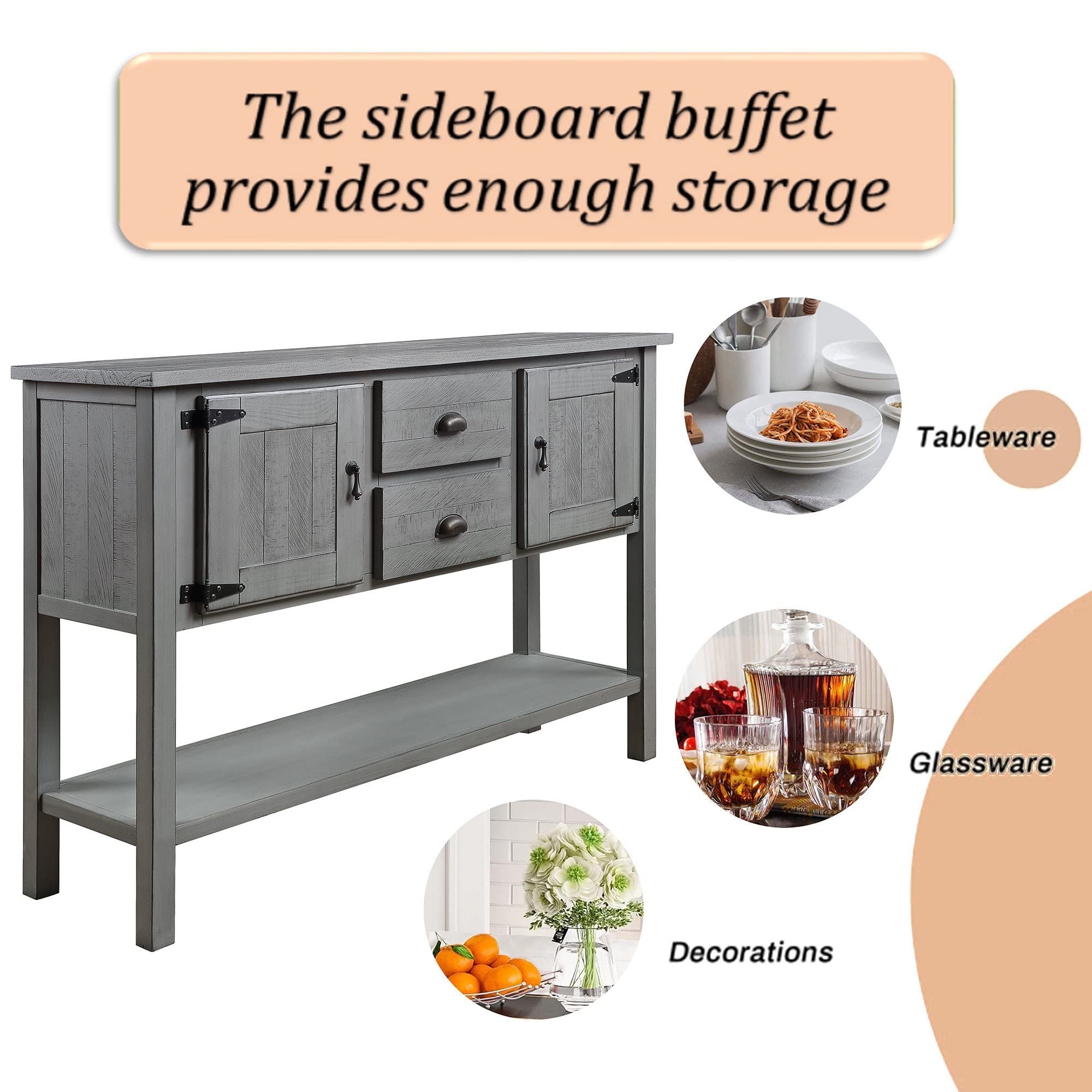 Knocbel Farmhouse Buffet Sideboard with 2 Storage Drawers & 2 Cabinets - Entryway Hallway Console Table, Coffee Bar Cabinet with Metal Handles (Antique Gray) - Perfect for Living Room, Dining Room & Home Office Storage Solution