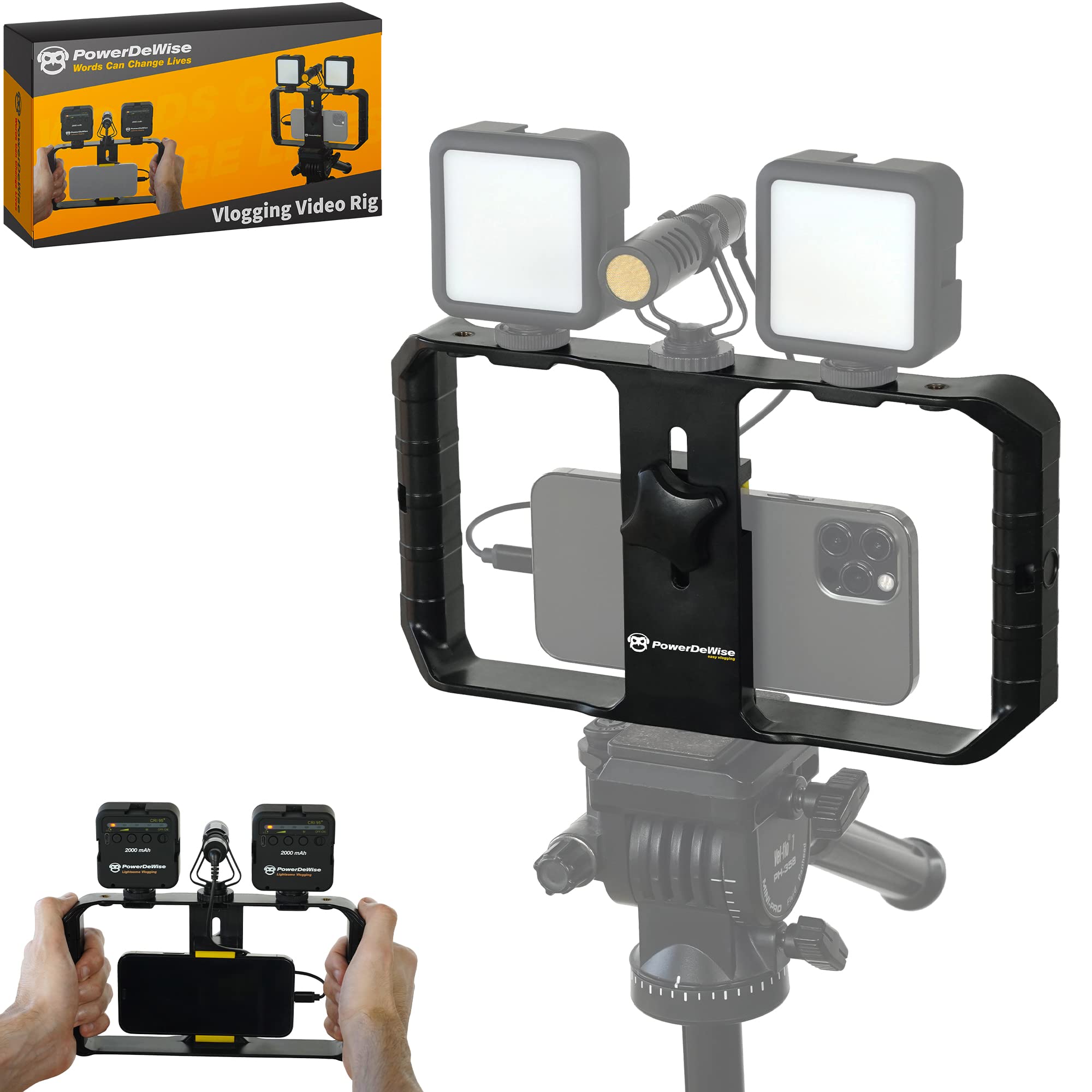 PowerDeWise Smartphone Video Rig - 3 Cold Shoe Mounts Stabilizer Handheld Cage Tripod for iPhone & Android Filmmaking | Perfect for Vlogging, YouTube Videos & Professional Mobile Photography