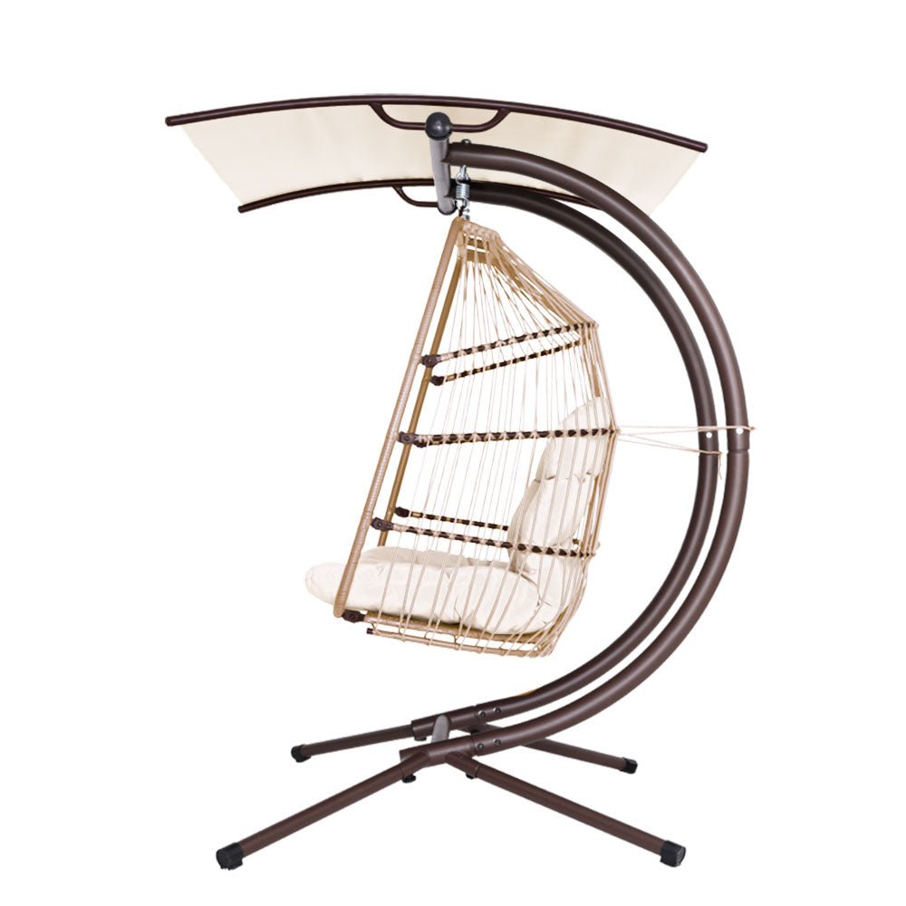 Double Wicker Hanging Swing Chair with Stand - Latte Brown Rattan Porch Swing for Outdoor Patio, Garden, or Balcony Relaxation - Perfect for Reading, Lounging, and Enjoying Nature