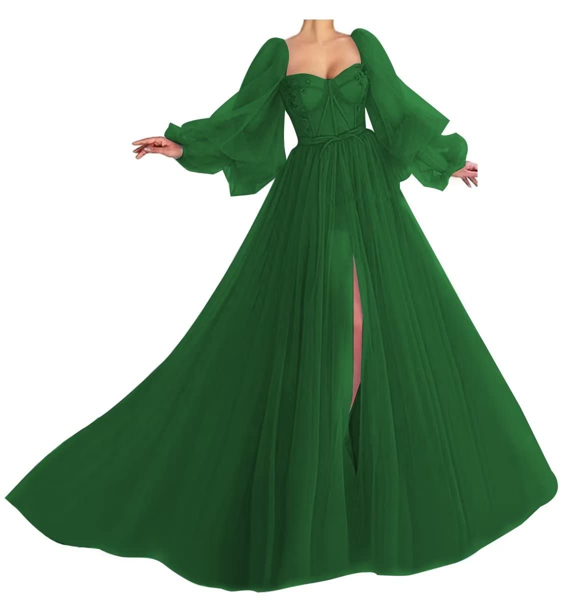 Elegant Dark Green Puffy Sleeve Princess Tulle Ball Gown Wedding Dress for Women - Size 2 | Perfect for Bridal, Prom, Formal Events & Special Occasions