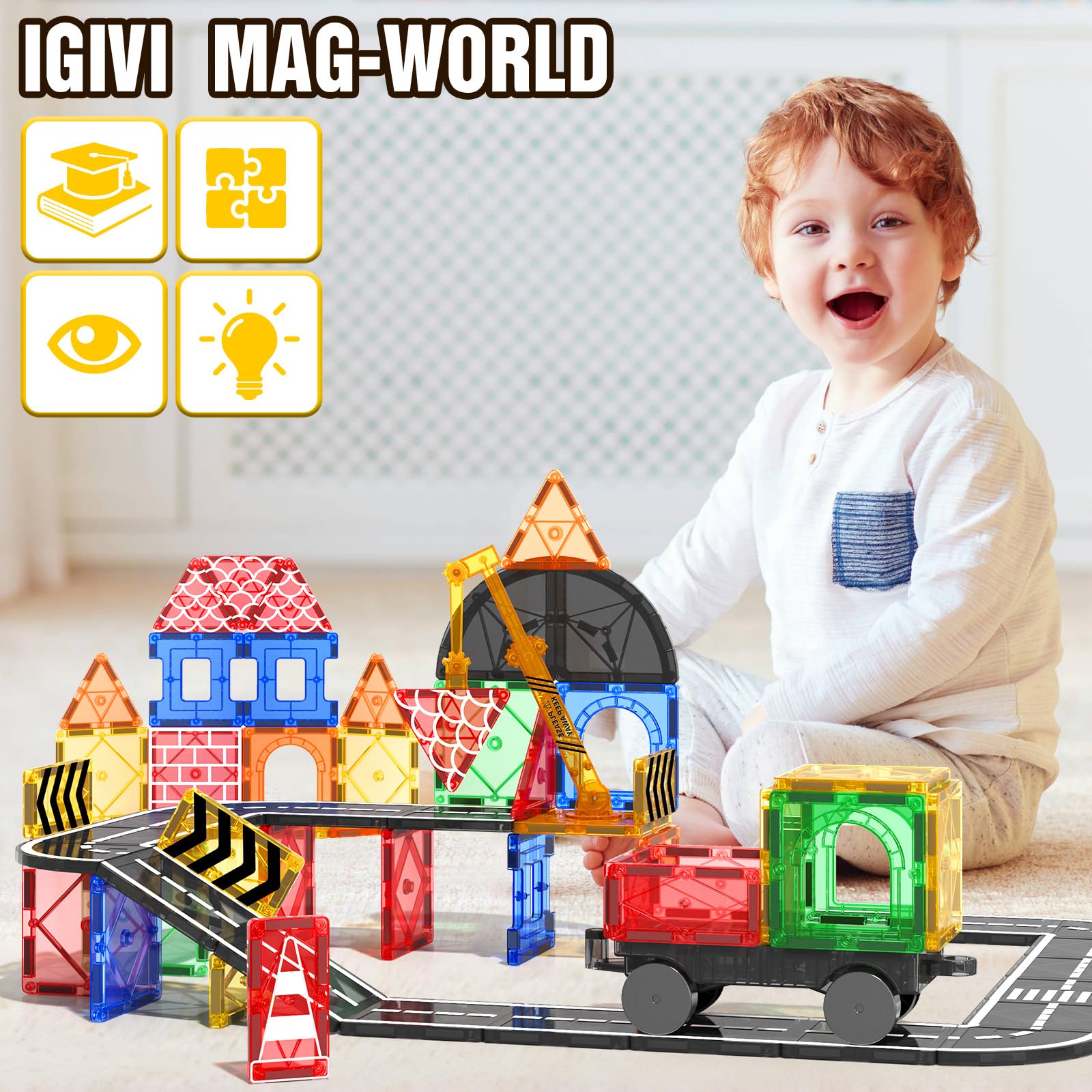 Magnetic Building Blocks Set with Road Tiles & Crane Car - STEM Construction Toys for Kids Ages 3-8, Creative Educational Toys for Toddlers - Perfect Gift for 3+ Year Old Boys & Girls - Great for Classroom, Playroom & Birthday Parties