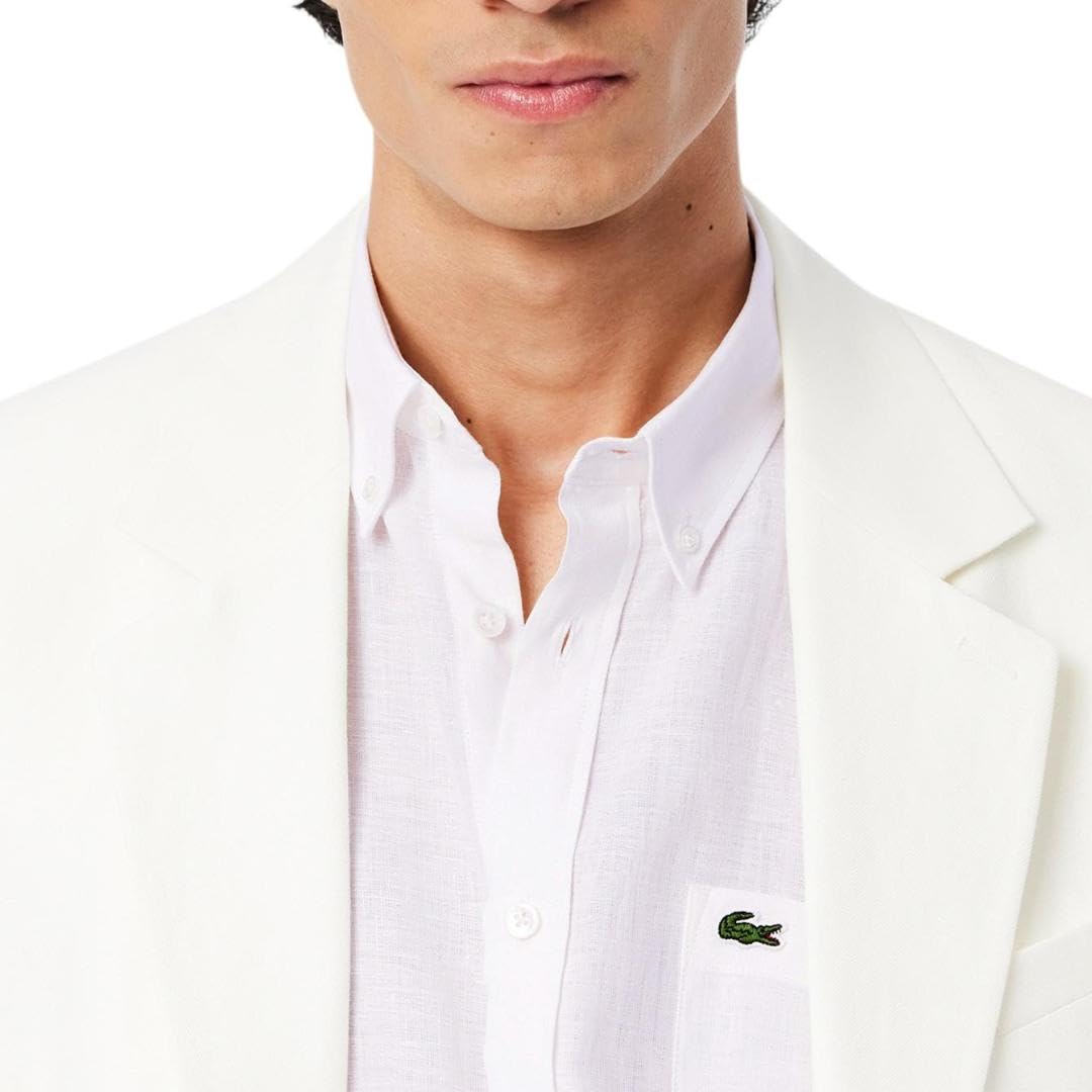 Lacoste Men's Short Sleeve Linen Button Down Shirt - Classic Regular Fit with Front Pocket | Casual Summer Wear & Office Style