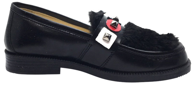 Naturino Girls 9211 Black Faux Fur Leather Slip-On Loafers with Studs - Soft Platform Shoes for School, Casual Wear & Outfits