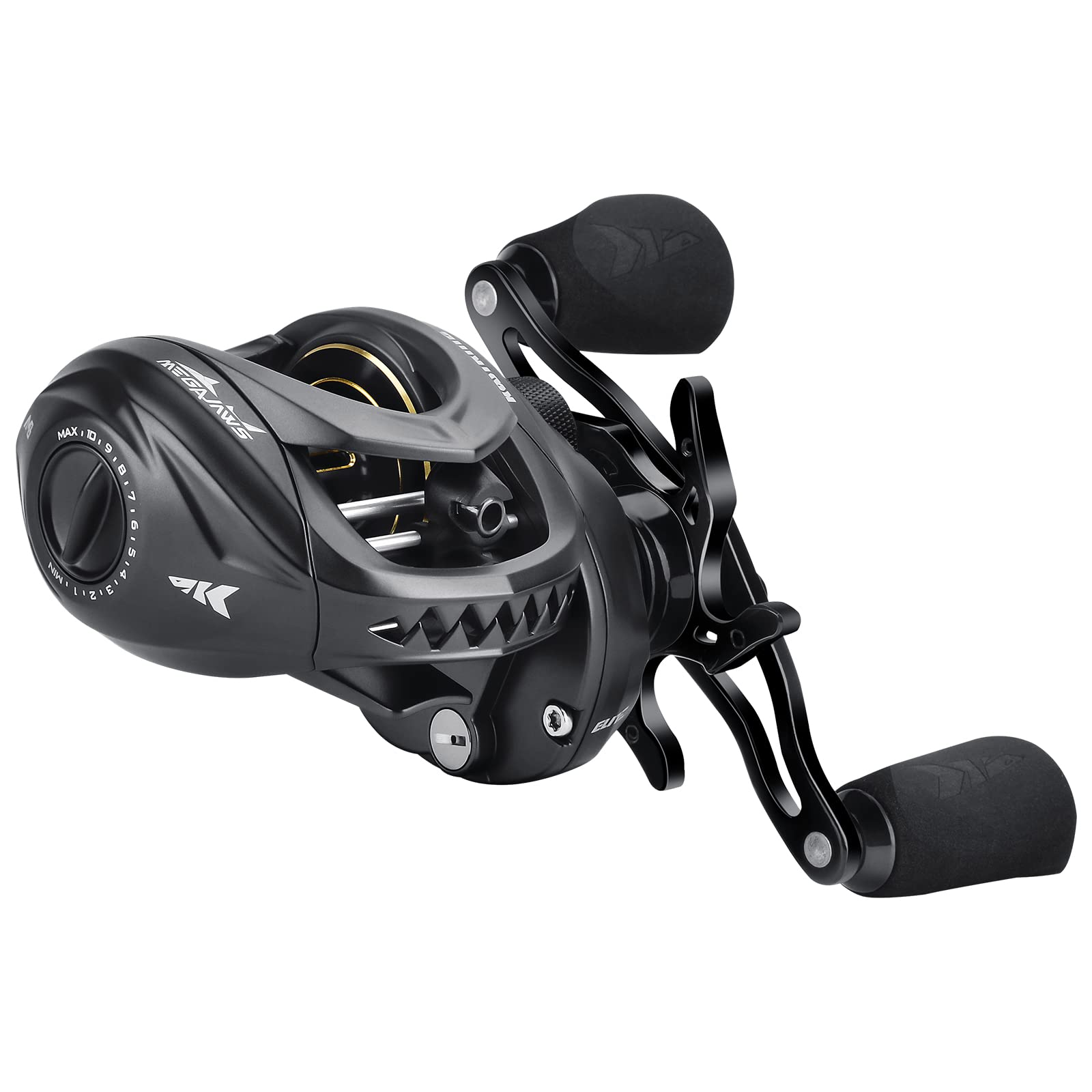 KastKing MegaJaws Elite Baitcasting Fishing Reel - Patented AMB System Eliminates Backlashes, Lightweight 6.4oz Aluminum Frame with Carbon Fiber Side Covers, Flipping Switch Function - Perfect for Bass Fishing, Saltwater Fishing, and Tournament Angling
