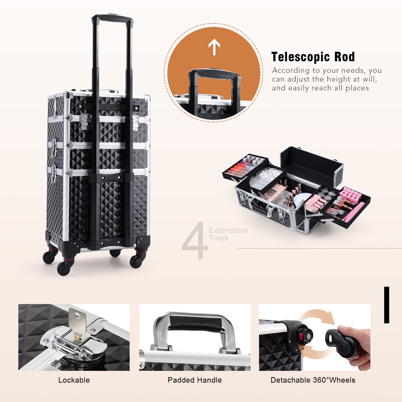 3-in-1 Rolling Makeup Train Case - Professional Cosmetic Organizer with Wheels for Salon, Barber & Travel | Black | Perfect for Aestheticians, Hairstylists & Nail Technicians | Ideal for Salon Organization, Mobile Services & Traveling Professionals
