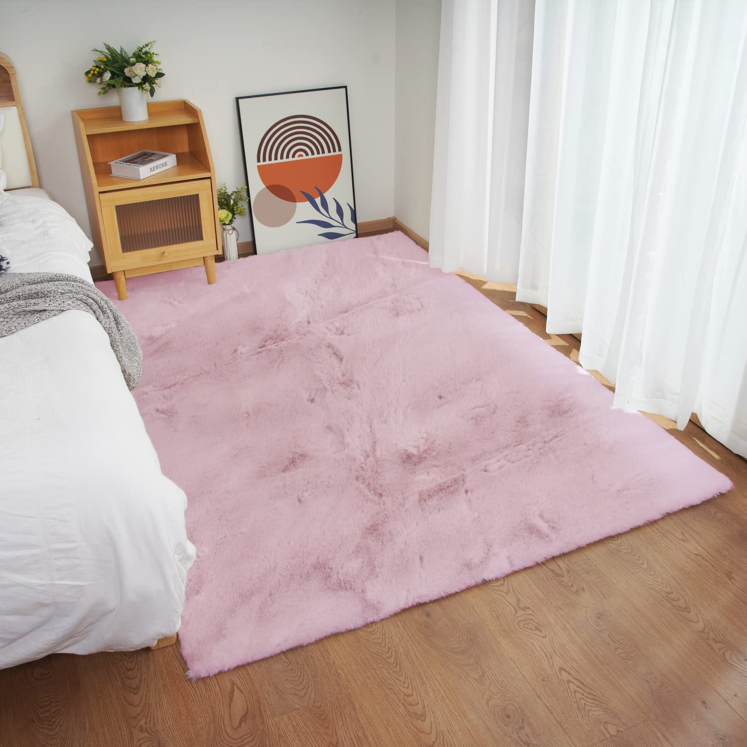 Ghouse Ultra Soft Faux Rabbit Fur Rug 5x8 Feet - Machine Washable Fluffy Area Rug for Bedroom & Living Room - Non-Shedding Pink Sheepskin Carpet - Perfect for Cozy Home Decor, Nursery & Pet-Friendly Spaces