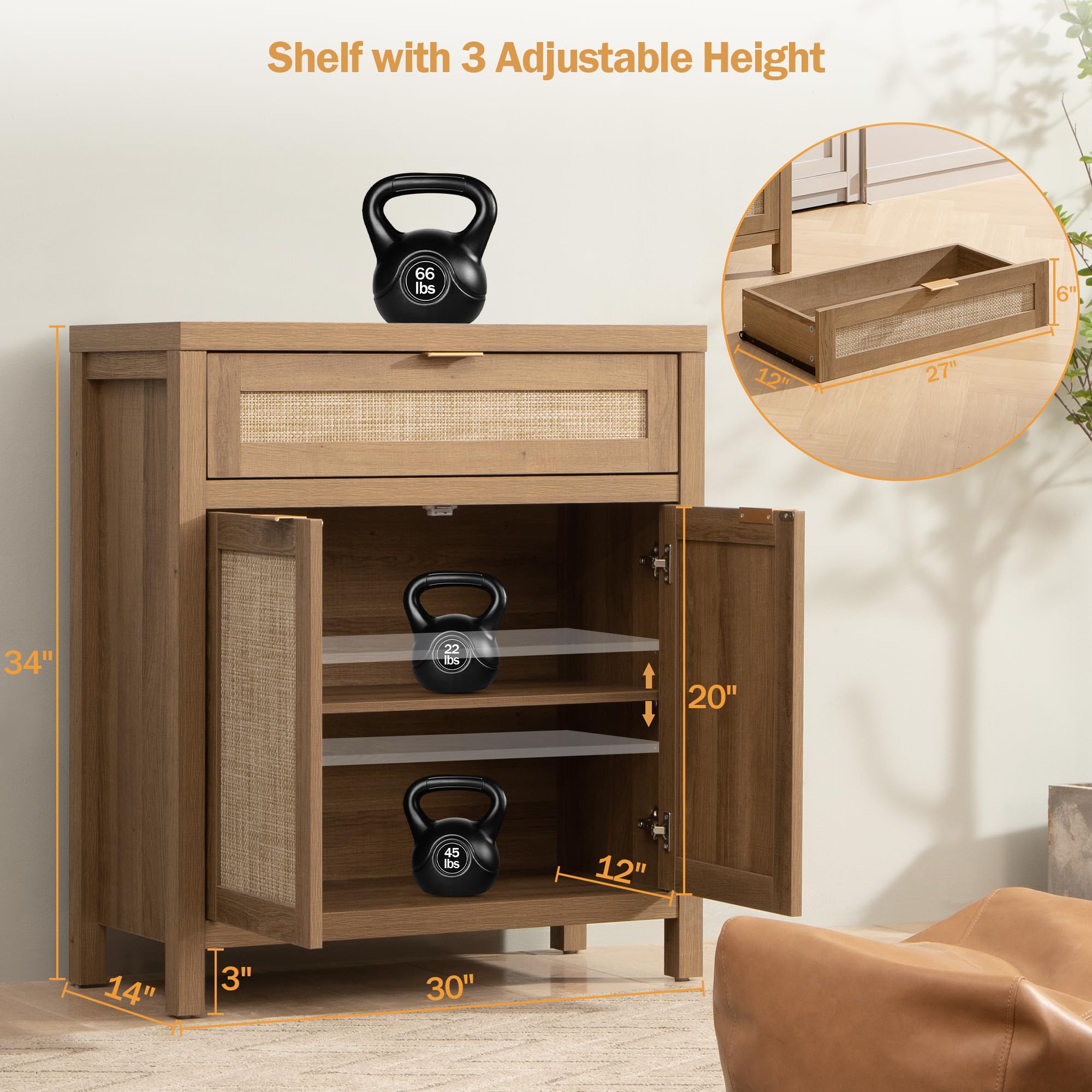 SICOTAS 2-Piece Rattan Sideboard Buffet Cabinet Set, Boho Farmhouse Credenza Storage with Drawers, Natural Oak Console Table for Coffee Bar, Entryway, Living & Dining Room - Perfect for Home Decor, Entertaining & Storage Solutions