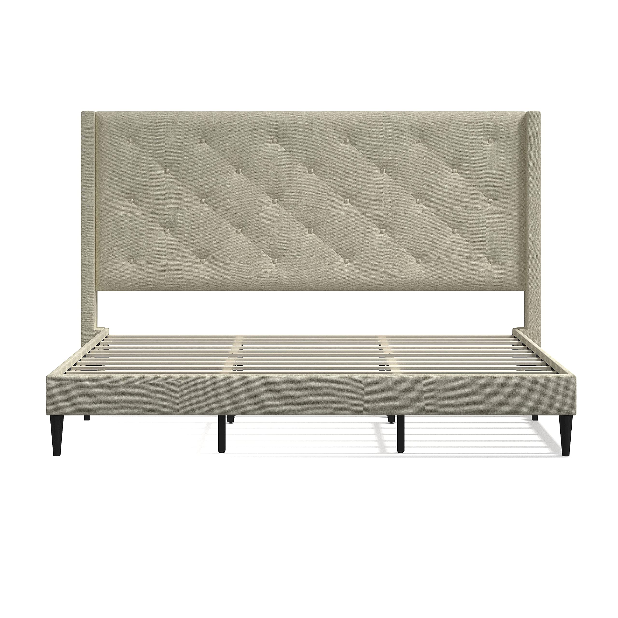 Glenwillow Home Huppe Upholstered Platform Bed Frame - King Size Beige Mid Century Modern Wingback Headboard with Button Tufting | No Box Spring Required | Easy Assembly | Perfect for Master Bedrooms & Guest Rooms