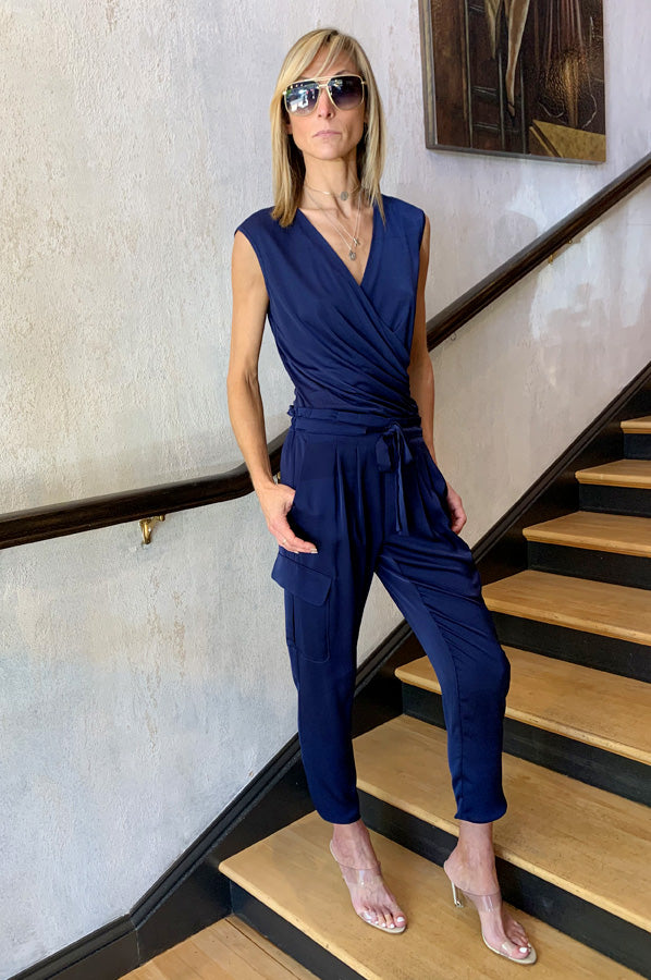 Adelina Wrap Crossover Top Women's Fashion Blouse - Spring Navy Blue Casual Shirt for Work, Date Night & Everyday Wear