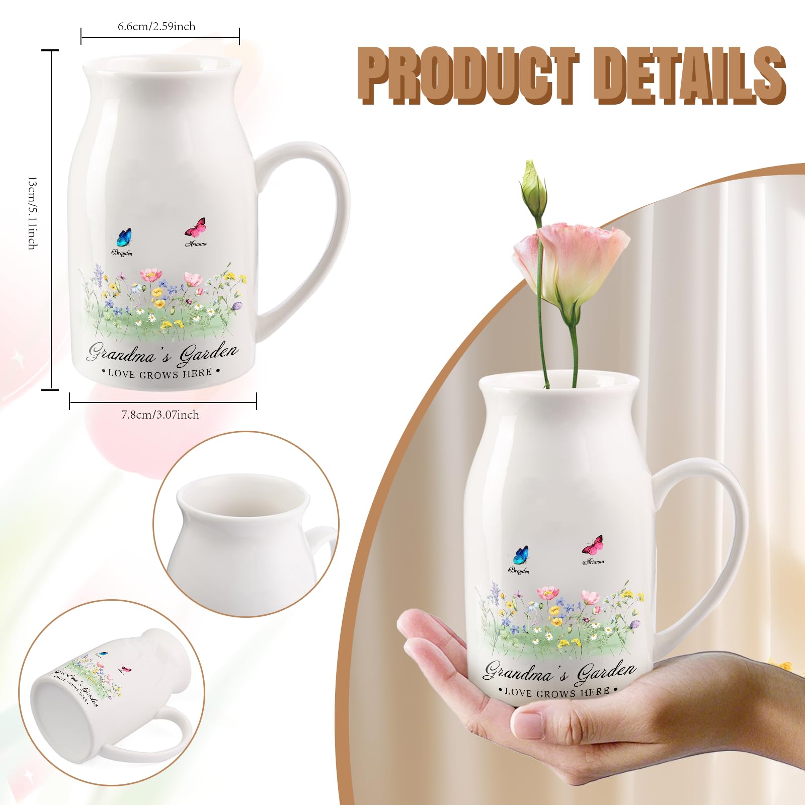 Personalized White Ceramic Vase with 2-10 Names - Flower Vase Gift for Mom & Grandma - Mother's Day, Birthday, Christmas Present - Modern Small Decorative Vase for Tulips & Flowers (Style 1) - Perfect for Home Decor, Wedding Centerpieces, and Thoughtful Gift Giving