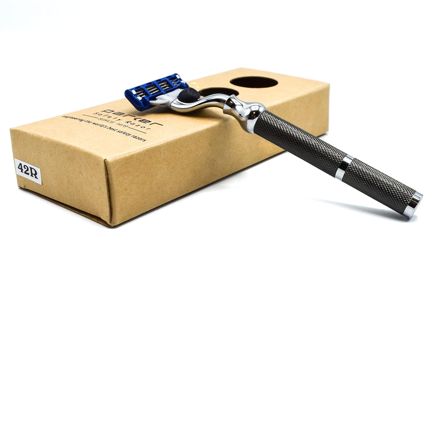 Parker 42M Heavyweight All-Metal Triple Blade Razor for Men - Premium Brass Frame & Textured Graphite Gray Handle - Includes Gillette Mach 3 Razor Blade - Perfect for Wet Shaving, Travel & Gift Giving