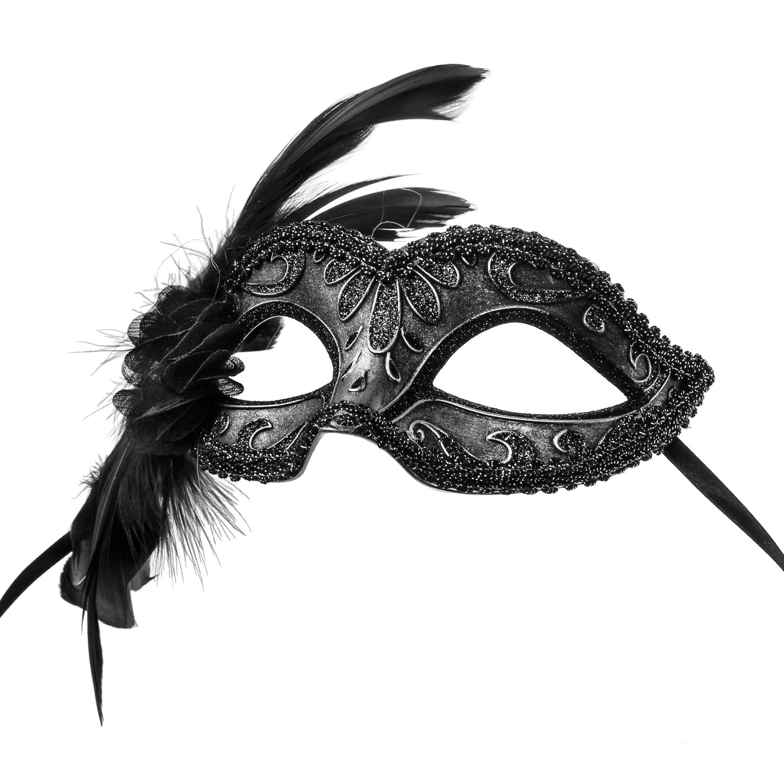 Venetian Masquerade Feather & Lace Party Mask - Elegant Dark Silver Masquerade Mask for Costume Parties, Halloween, Balls & Venetian Carnival | Perfect for Mardi Gras, Themed Events & Cosplay