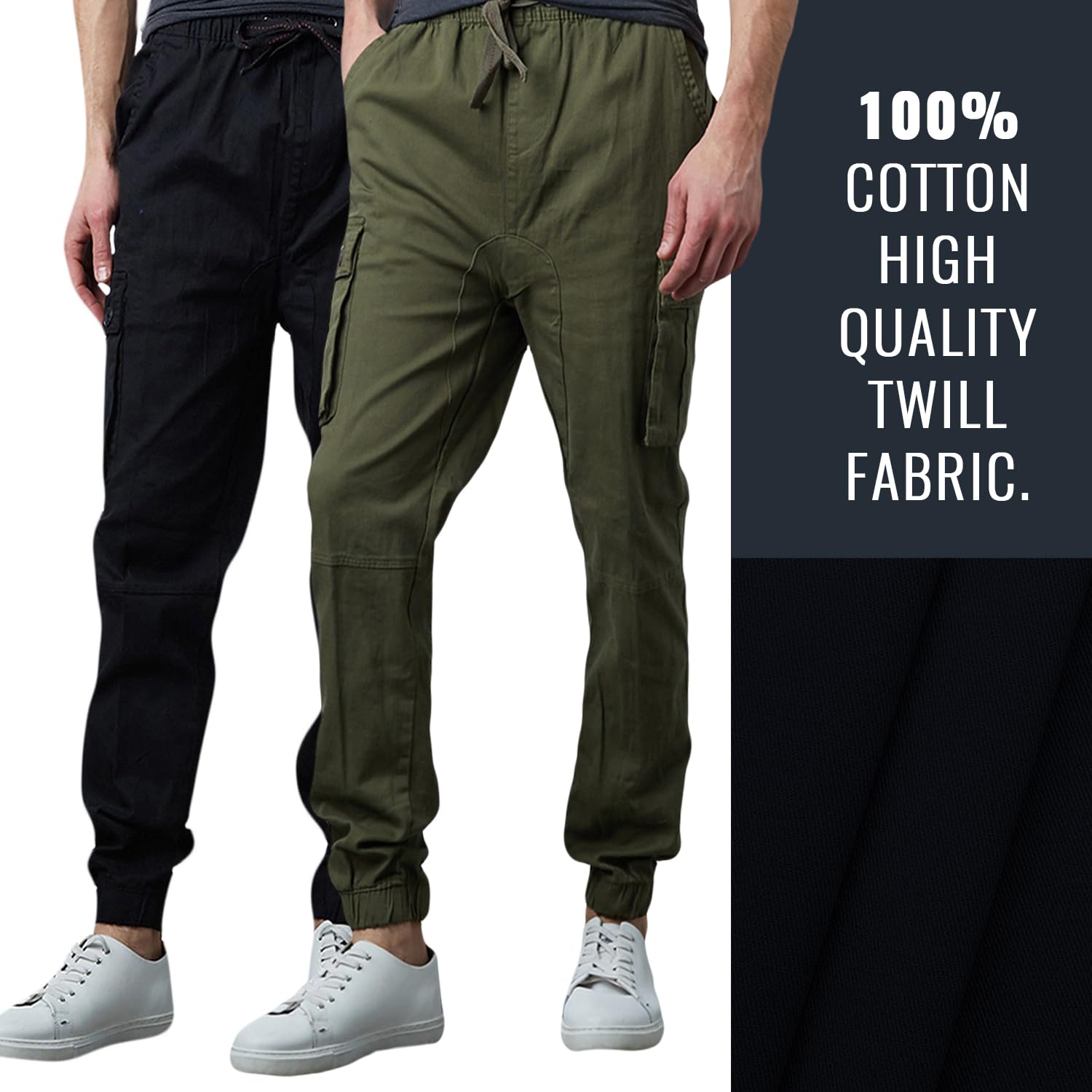 Men's Cotton Twill Cargo Joggers - Stretch Multi-Pocket Drawstring Pants for Casual Wear, Lounge & Outdoor Activities (2-Pack) | Perfect for Gym, Travel & Everyday Comfort