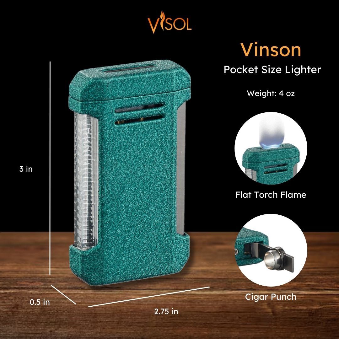 Visol Vinson Flat Torch Flame Lighter with Cigar Punch - Windproof Refillable Butane Lighter for Cigars, Cigarettes & Outdoor Use (Green) - Perfect for Camping, BBQ & Travel Accessories