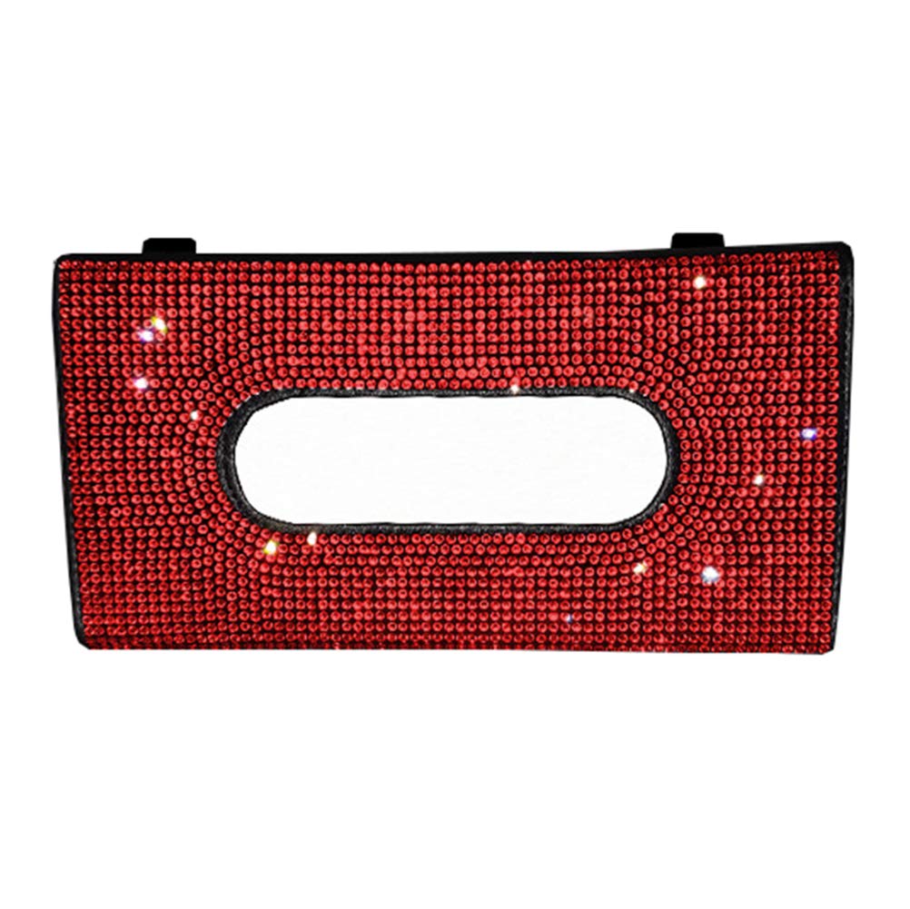 Sparkling Crystal Car Sun Visor Tissue Box Holder - PU Leather Backseat Tissue Case Organizer for Women (Red) | Car Accessories for Sedan, SUV & Van | Perfect for Road Trips & Daily Commute