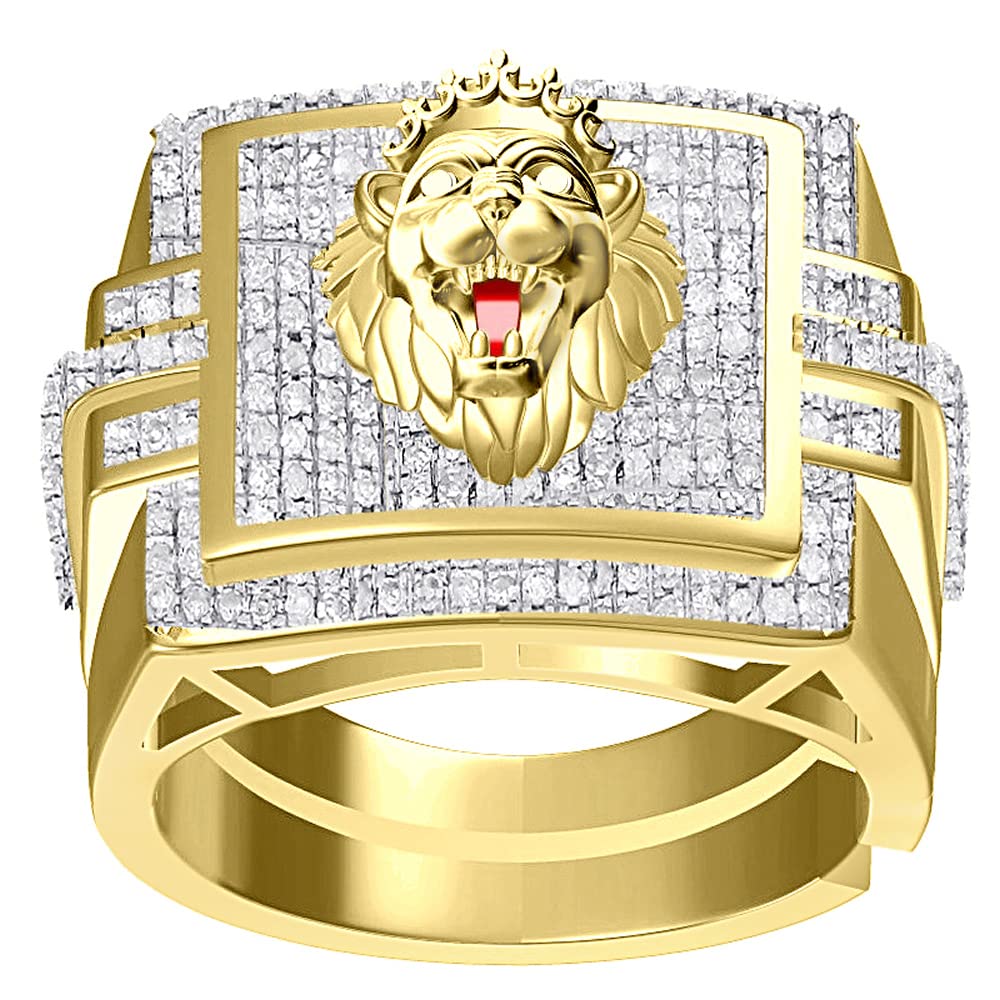0.75 Carat Genuine Diamond Men's Lion King Crown Ring - 10K Gold Over Custom Band (24mm, 13+ Grams, Adjustable Size 10-12) | Perfect for Weddings, Anniversaries & Luxury Gifts