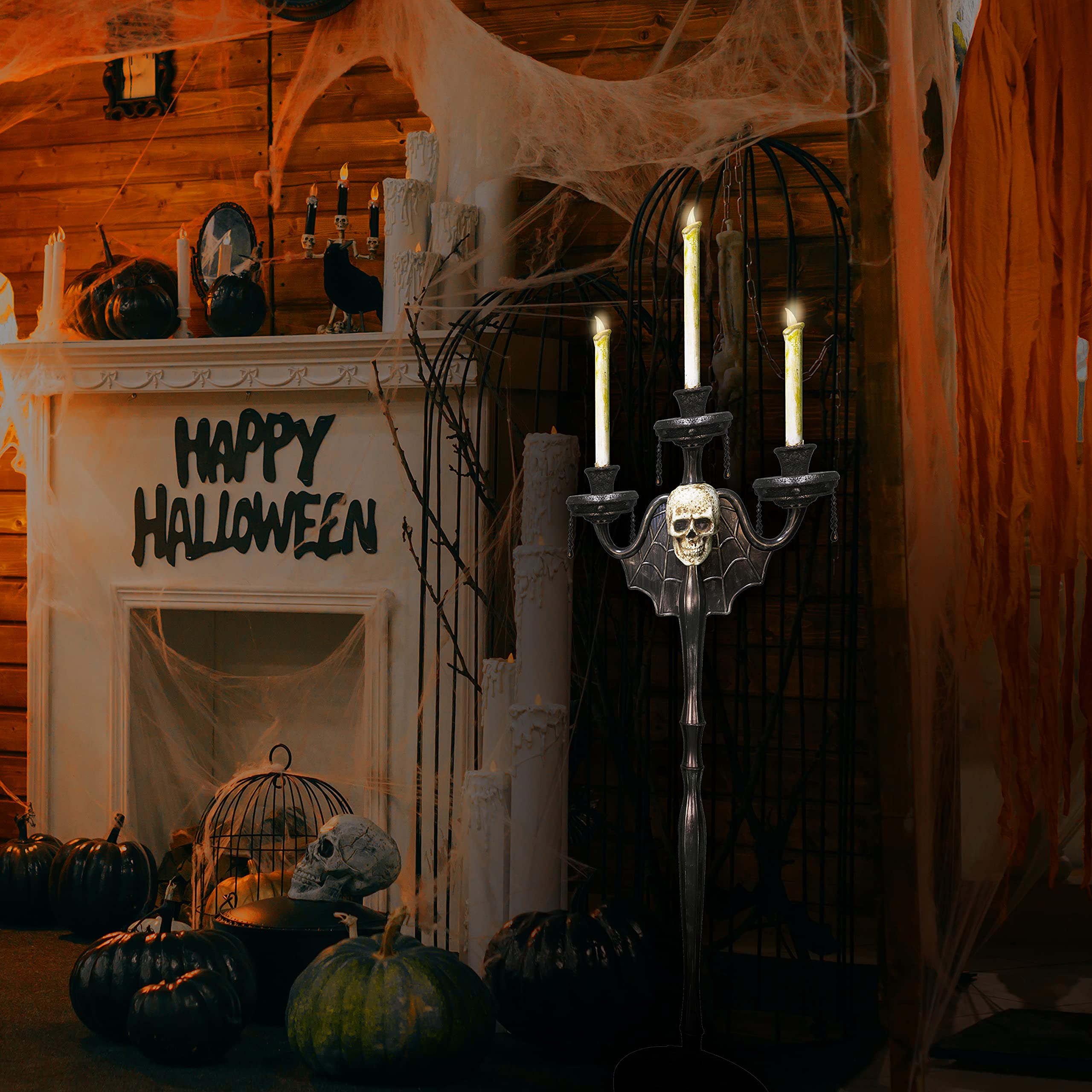 Skeleteen Animated Halloween Candelabra Decor - Gothic Haunted Mansion Black Skull Floating Candle Holder for Spooky Party Decorations (1 Piece) | Perfect for Halloween Parties, Haunted House Themes & Gothic Home Decor