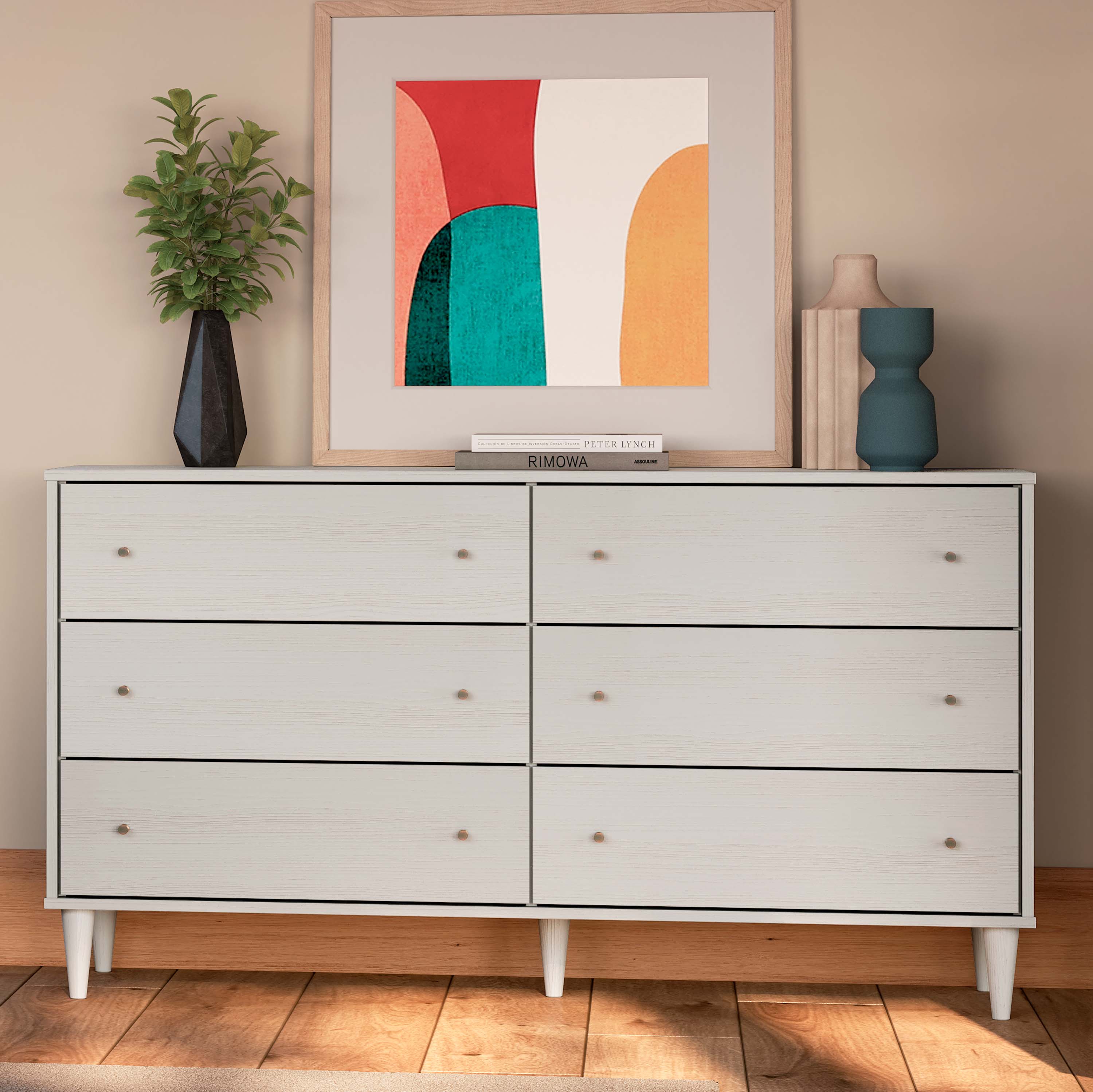 Vintage Mid Century Modern 6-Drawer Wooden Dresser - Solid Oak Storage Cabinet for Bedroom, Living Room & Office Organization