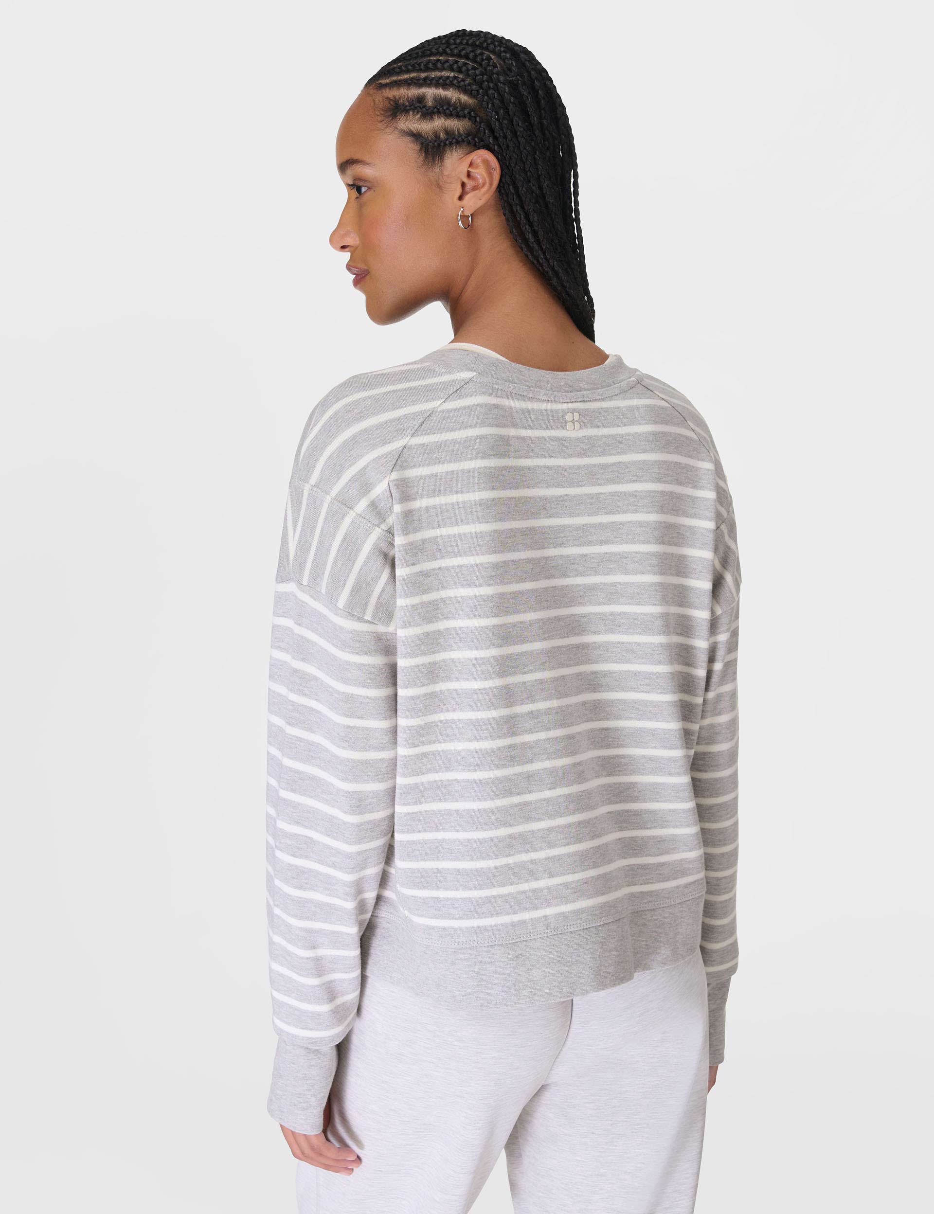 After Class Crop Sweatshirt for Women - Lily White & Light Grey Marl Stripe Pullover - Perfect for Casual Wear, Gym, and Street Style Fashion
