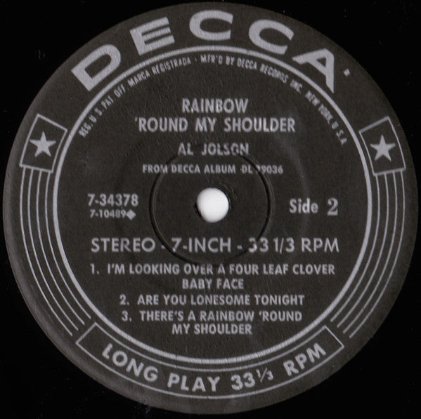 Al Jolson - Rainbow 'Round My Shoulder 7-Inch Vinyl Record (Jukebox Version) | Classic Jazz & Blues Music | Perfect for Vintage Music Collectors and Retro Bars