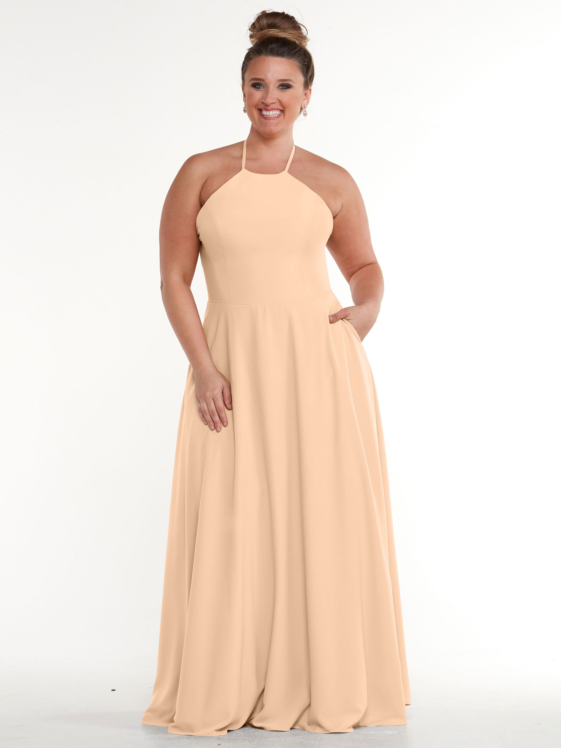 Elegant 83022 Stretch Chiffon Halter A-Line Bridesmaid Dress with Pockets - Perfect for Weddings, Parties & Formal Events