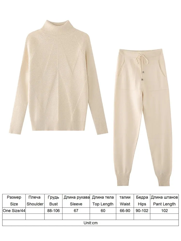 Women's Autumn Winter Tracksuit Set - Solid Color & Striped Turtleneck Sweater with Elastic Waist Pants | Cozy Knitted Two-Piece Outfit for Casual Wear, Lounge, Workout & Street Fashion
