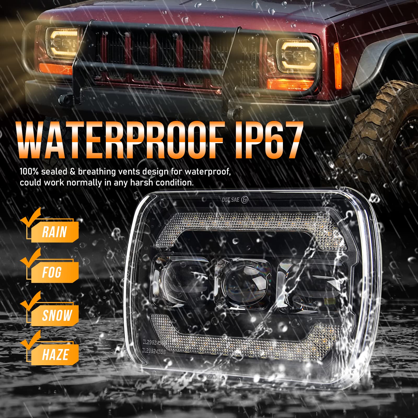 OPP ULITE 5x7 LED Headlights - White DRL & Amber Turn Signal Halo - DOT Approved 80W 6500K Projector Lens - Square 7x6 Headlights Plug & Play Replacement for H6054 H5054 - 2PC Pack - Perfect for Jeep Wrangler, Ford F150 & Off-Road Vehicles