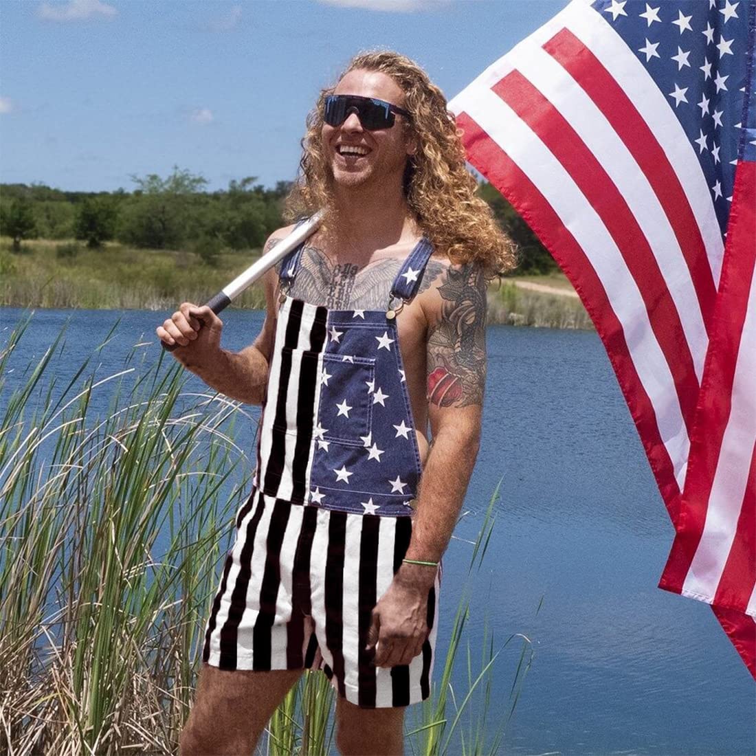 **American Flag Denim Bib Overall Shorts Romper for Men & Women - Patriotic Independence Day Outfit - Perfect for 4th of July, BBQ Parties & Casual Wear**
