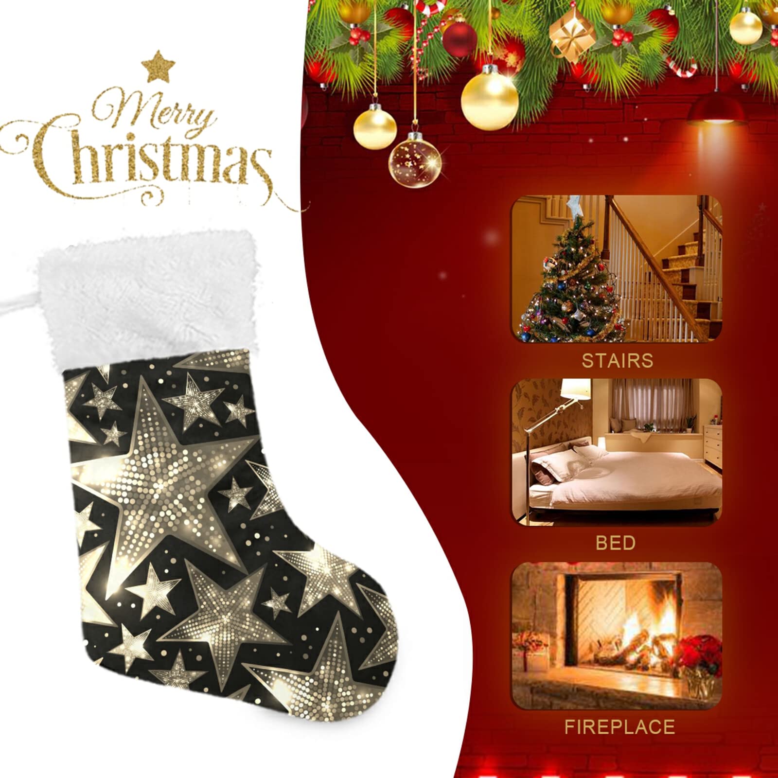 2 Pack Silver White Sparkling Star Sequins Christmas Stockings - Large 18x8 Inch Burlap Plush Faux Fur Cuff Stocking for Fireplace, Bed, Stairs, Xmas Tree Decor - Perfect for Holiday Parties & Festive Home Decor