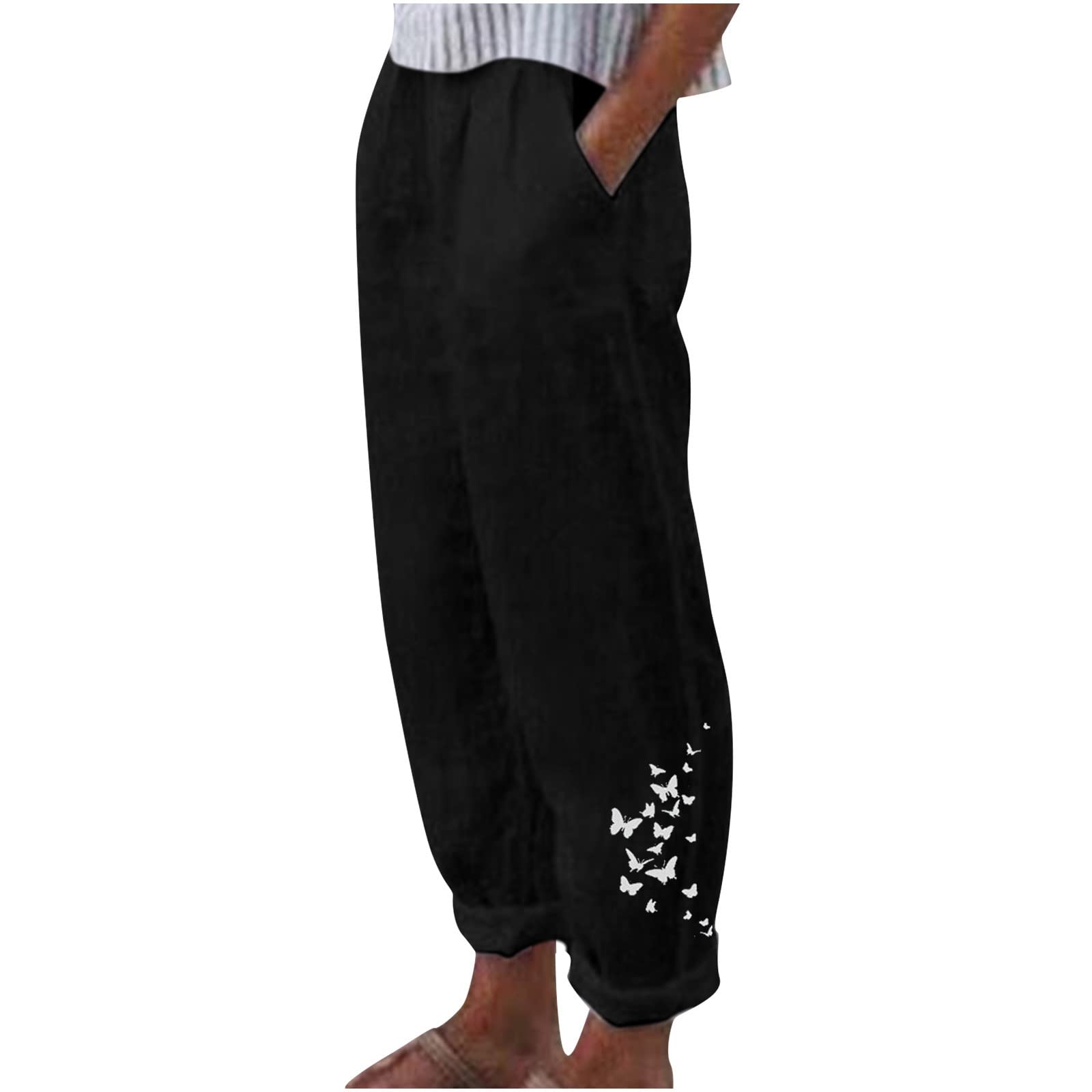 WOCACHI Women's Capri Pants - Dressy Yoga Pants with Butterfly Print, Elastic Waist Lounge Pants, Loose Cropped Sweatpants for Workout, Yoga, and Casual Wear