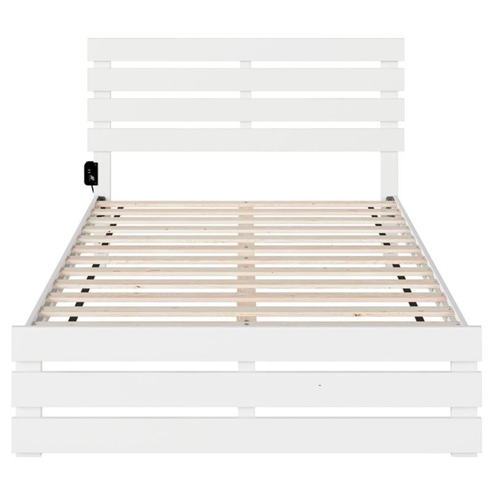 BOWERY HILL Farmhouse Solid Wood Full Size Bed Frame with Footboard & USB Charging Ports - White - Perfect for Modern Farmhouse Bedrooms & Guest Rooms