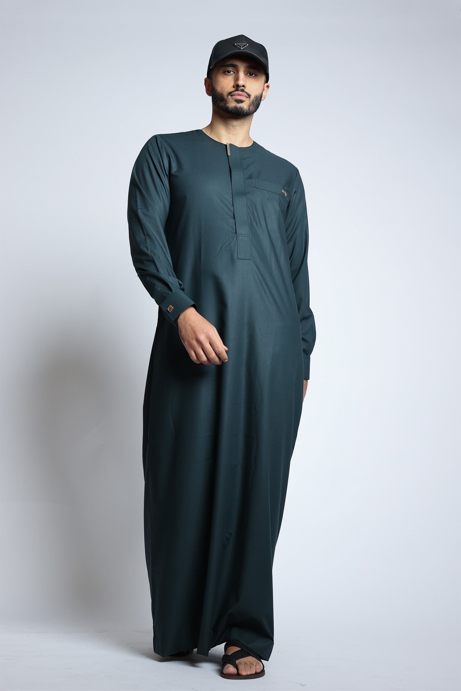 J108 Bottle Green Buckle Thobe - Premium Islamic Robe for Men | Comfortable & Stylish Prayer Dress | Perfect for Eid, Ramadan & Mosque Wear