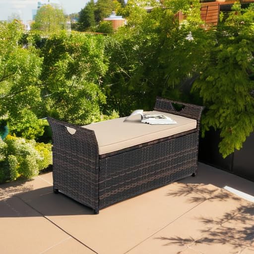 VINGLI 40 Gallon Outdoor Storage Bench with Cushion - Rattan Wicker Deck Box with Seat for Patio, Garden, Balcony, Porch, Pool & Yard | Weather-Resistant Brown Frame & Beige Cushion | Perfect for Outdoor Seating, Blanket Storage & Poolside Organization