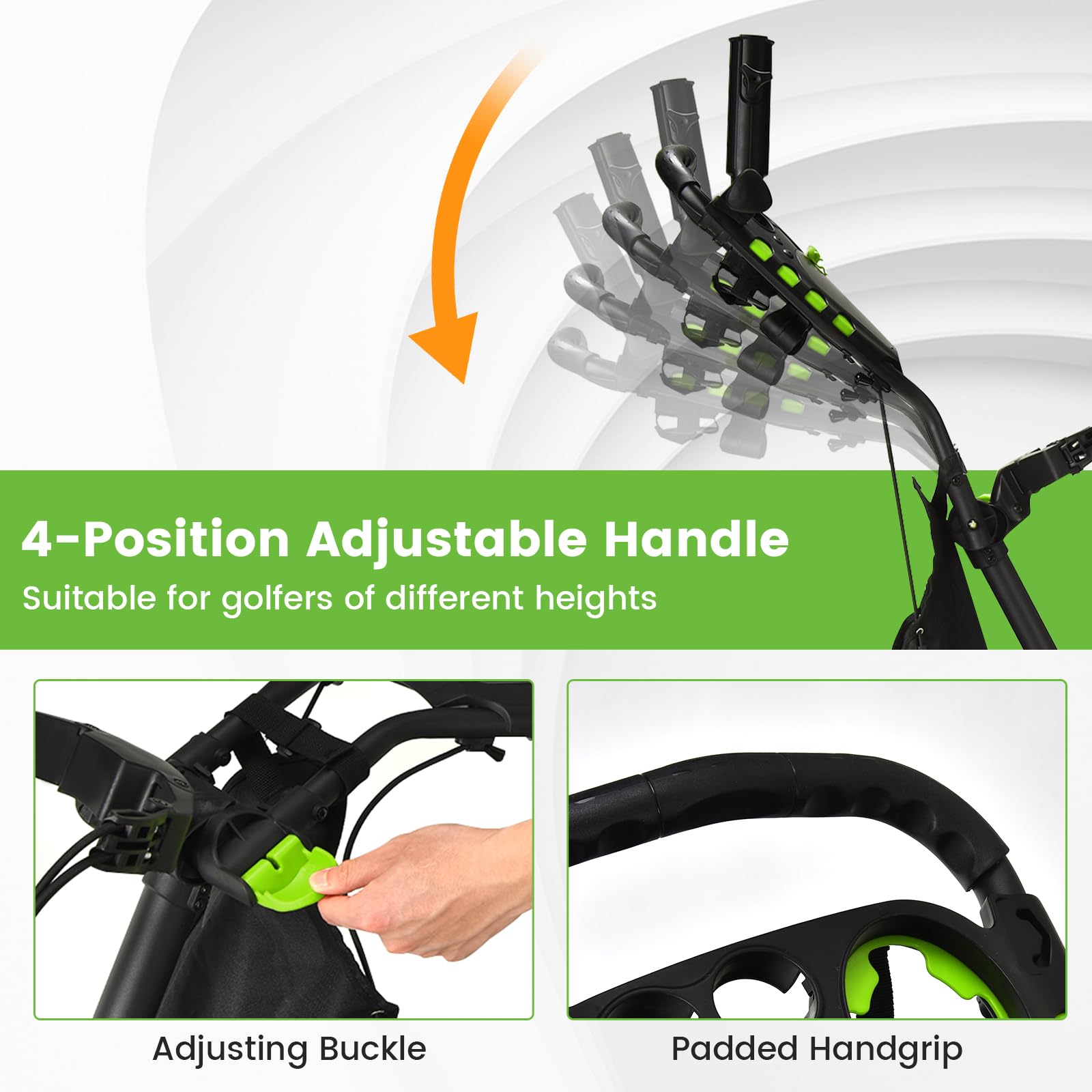 Ultimate 4 Wheel Golf Push Cart - Lightweight Folding Golf Trolley with Scorecard Holder, Cup Holder, Umbrella Mount & Cooler Bag | Adjustable Handle, Foot Brake & Elastic Strap for Golf Bag | Perfect for Course Rounds, Practice Sessions & Tournament Play