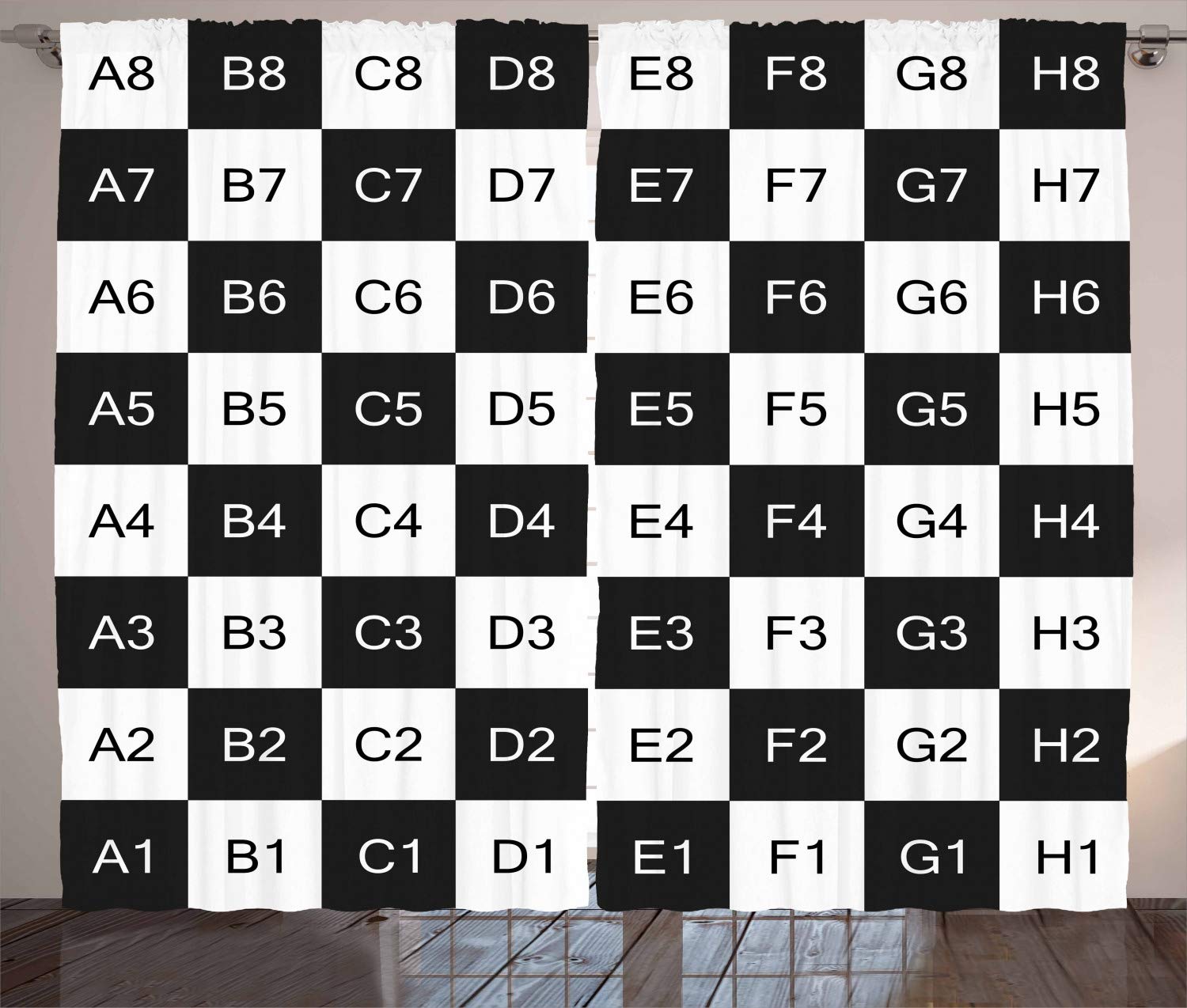 Ambesonne Checkers Game Black & White Curtains - Monochrome Chess Board Design with Tile Coordinates, 108