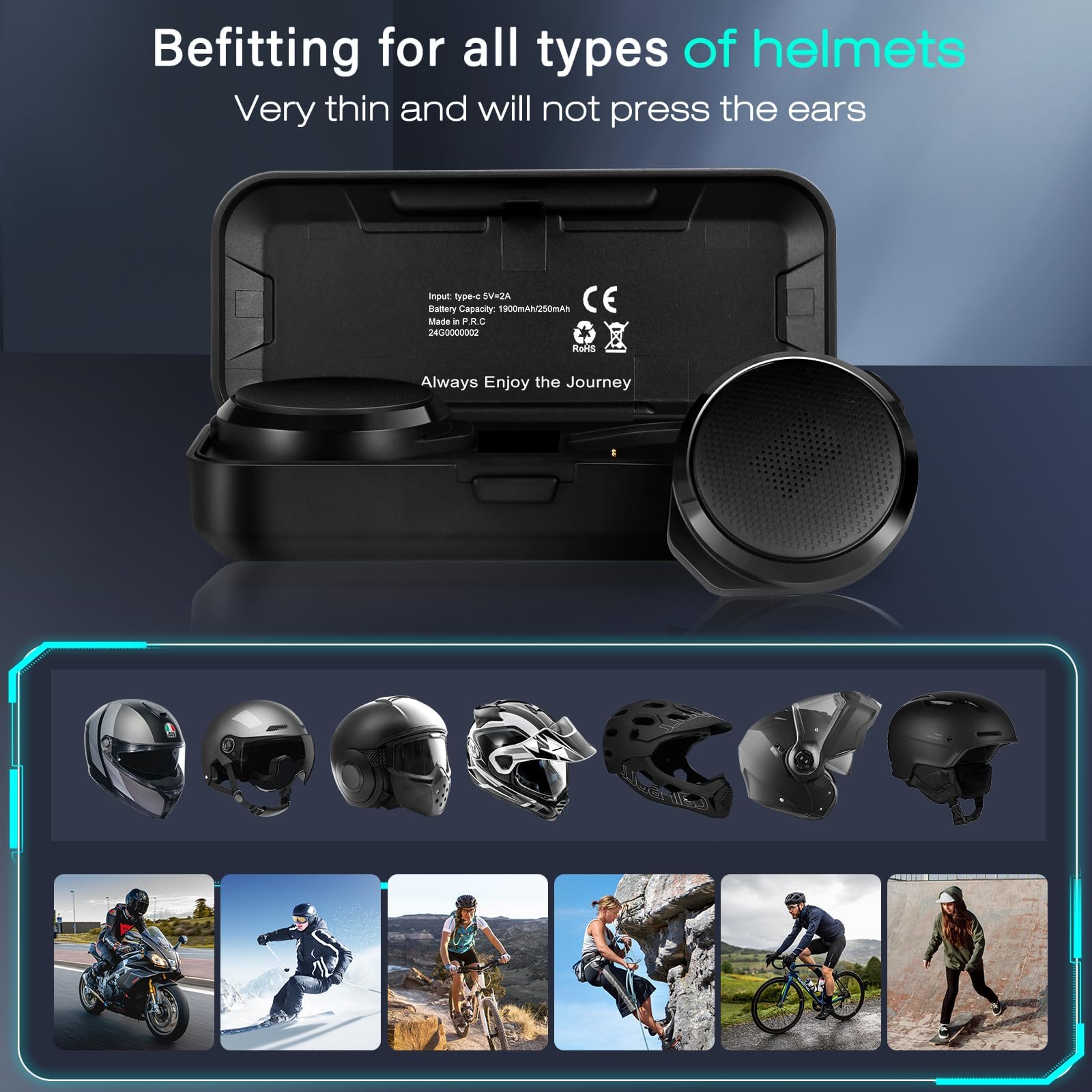 True Wireless Motorcycle Helmet Headset with Remote Control & LED Display - No Installation Bluetooth Helmet Speakers with Charging Case (50+ Hours Playtime) for Motorcycling, Skiing, Climbing & Outdoor Sports