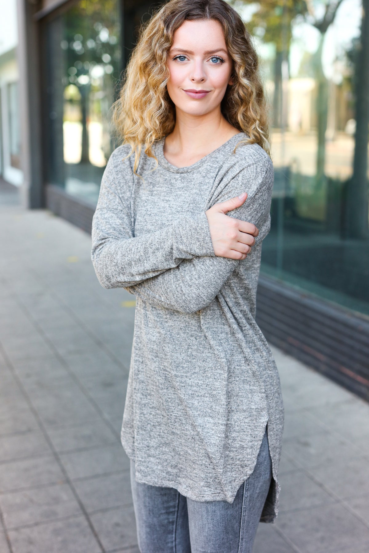 Women's Casual Grey Two-Tone Tunic Top with Side Slits - Soft Pullover Sweater for Everyday Wear, Office & Weekend Outfits