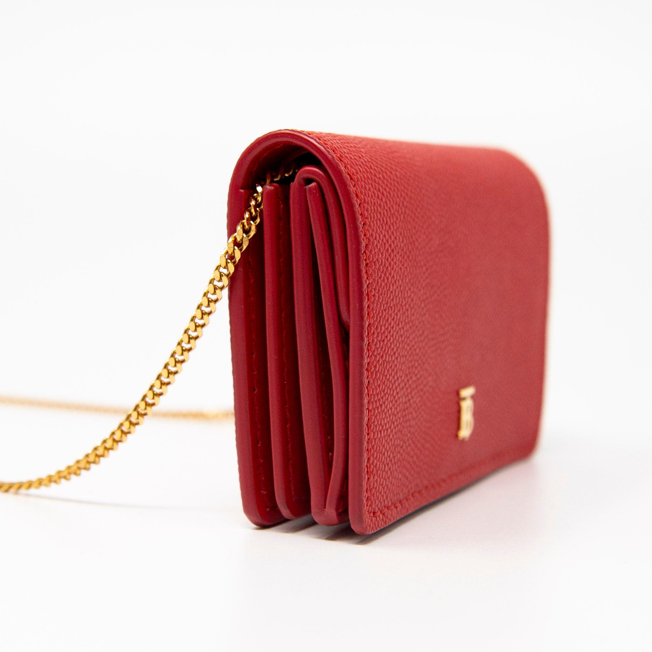 Burberry Red Leather Card Holder with Chain - Stylish & Compact Wallet for Women - Perfect for Parties, Travel & Everyday Use