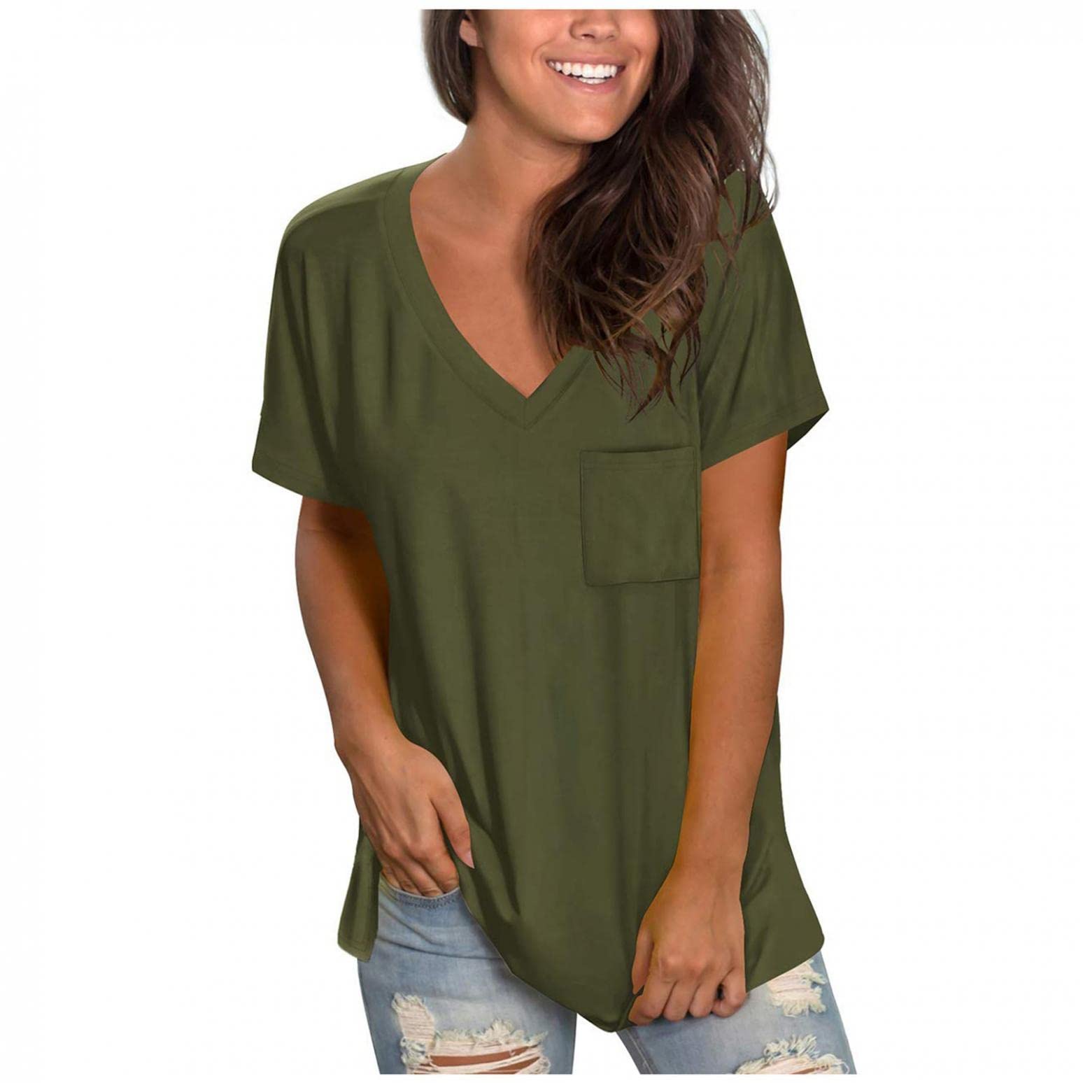 Women's Loose Fit V-Neck T-Shirt with Rolled Sleeves & Side Split - Casual Tunic Top for Everyday Wear, Lounge & Outfits